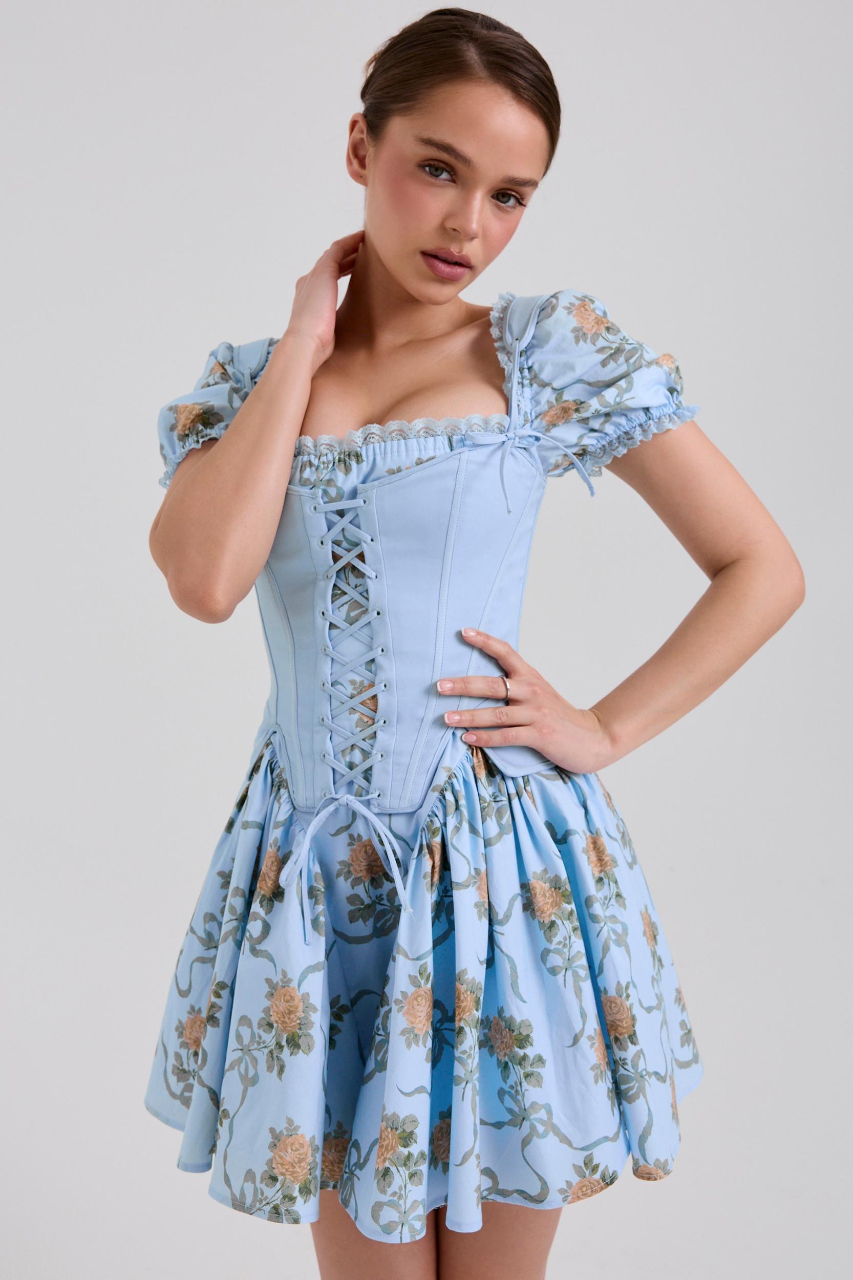 Rosie  blue rose print cotton mini dress Product Image