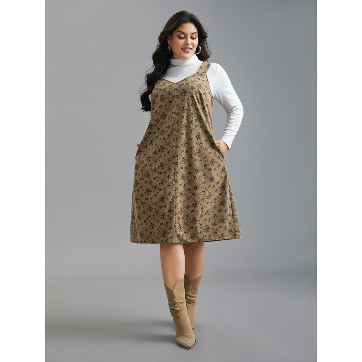 Plus Size Suspender Skirt Style Floral Dress Browncoffeecolor Women Casual Texture Non Sleeveless Curvy BloomChic 14-16/1X Product Image
