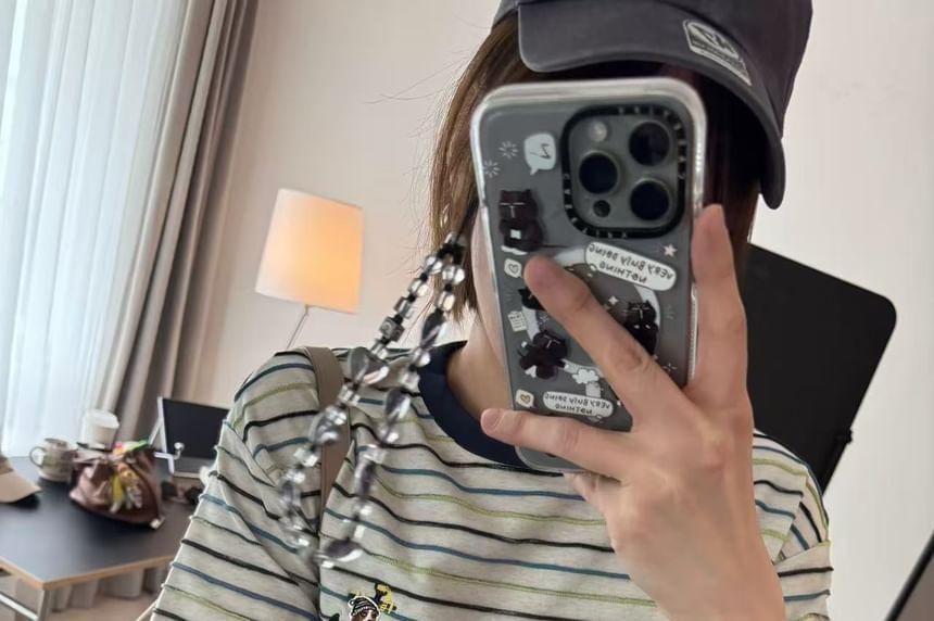 Short-Sleeve Crew Neck Striped Embroidered T-Shirt Product Image