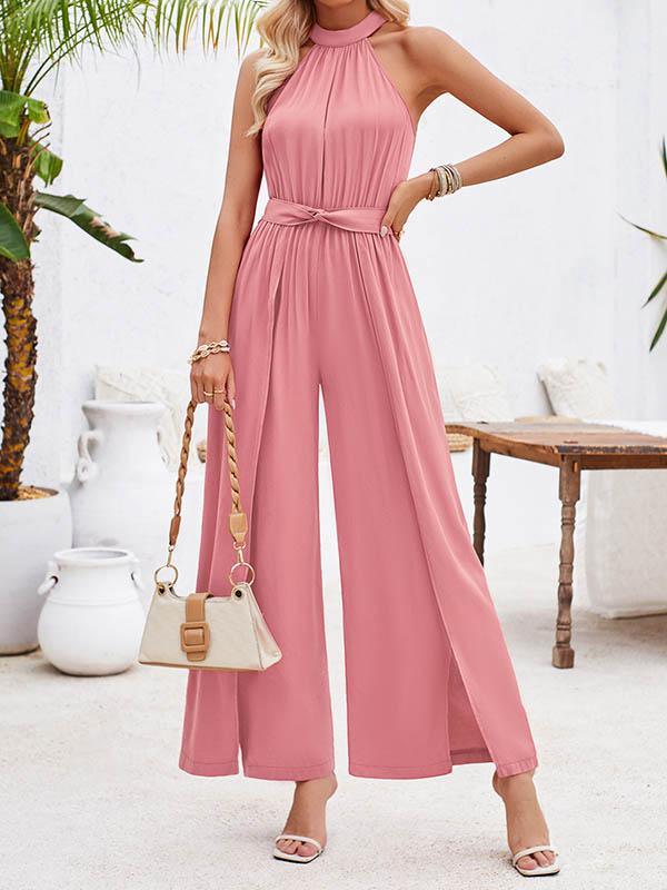 High Waisted Loose Pleated Solid Color Split-Front Tied Waist Halter-Neck Jumpsuits Product Image