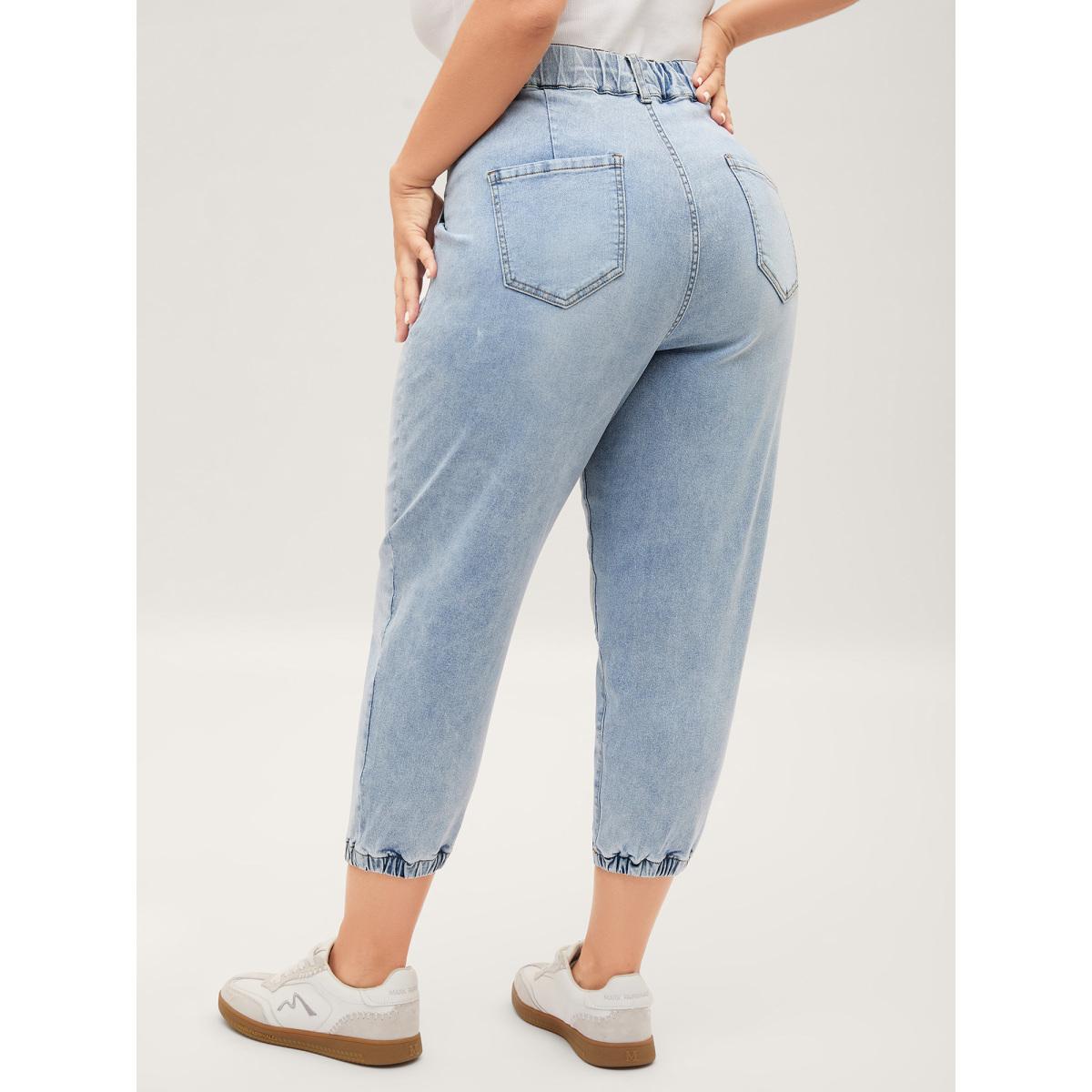 Plus Size Stretchy Waist Boyfriend Jeans Women Midblue Medium stretch Slanted pocket Jeans BloomChic 16/1X Product Image