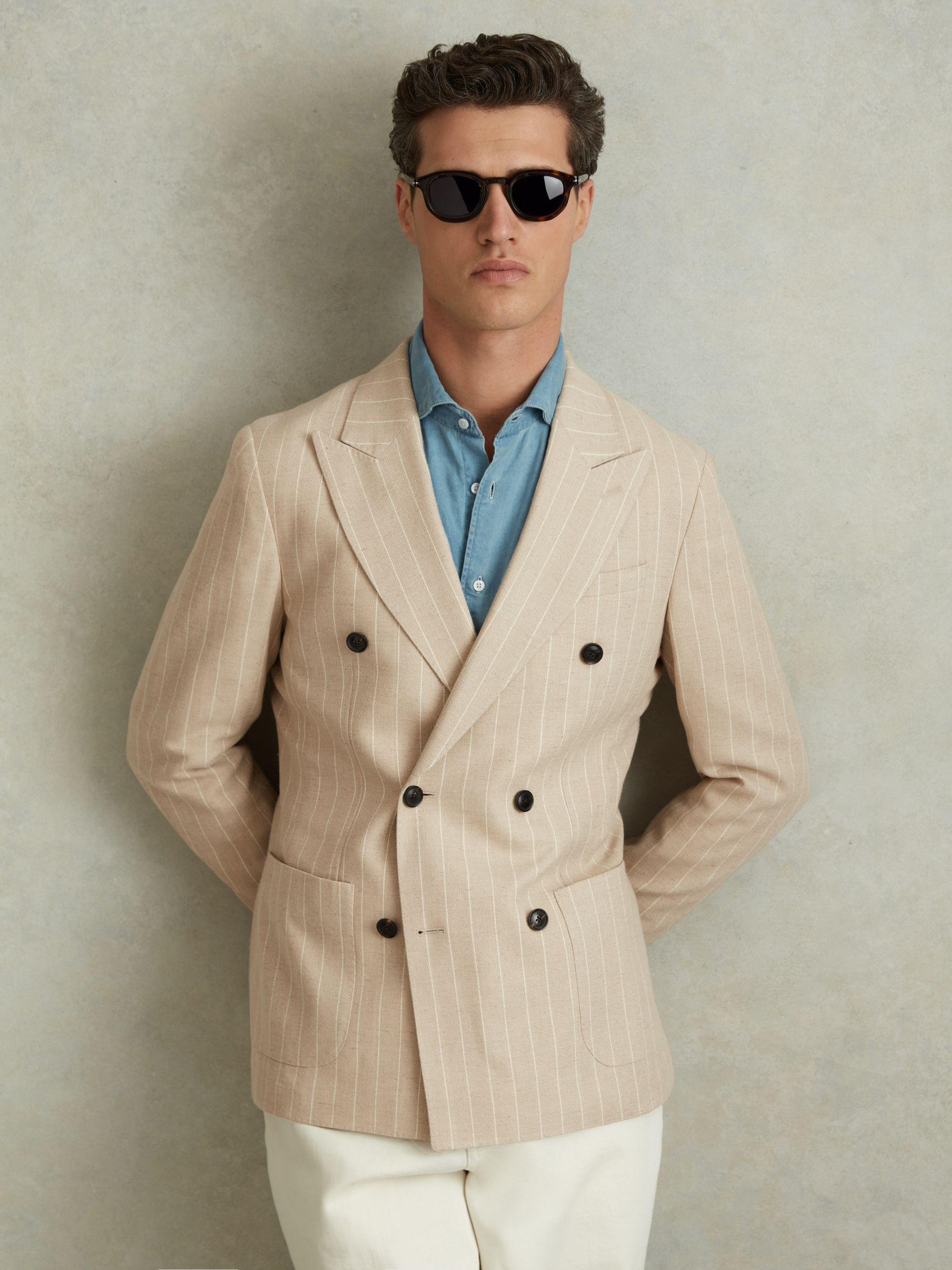 Slim Fit Double Breasted Striped Blazer in Oatmeal Product Image