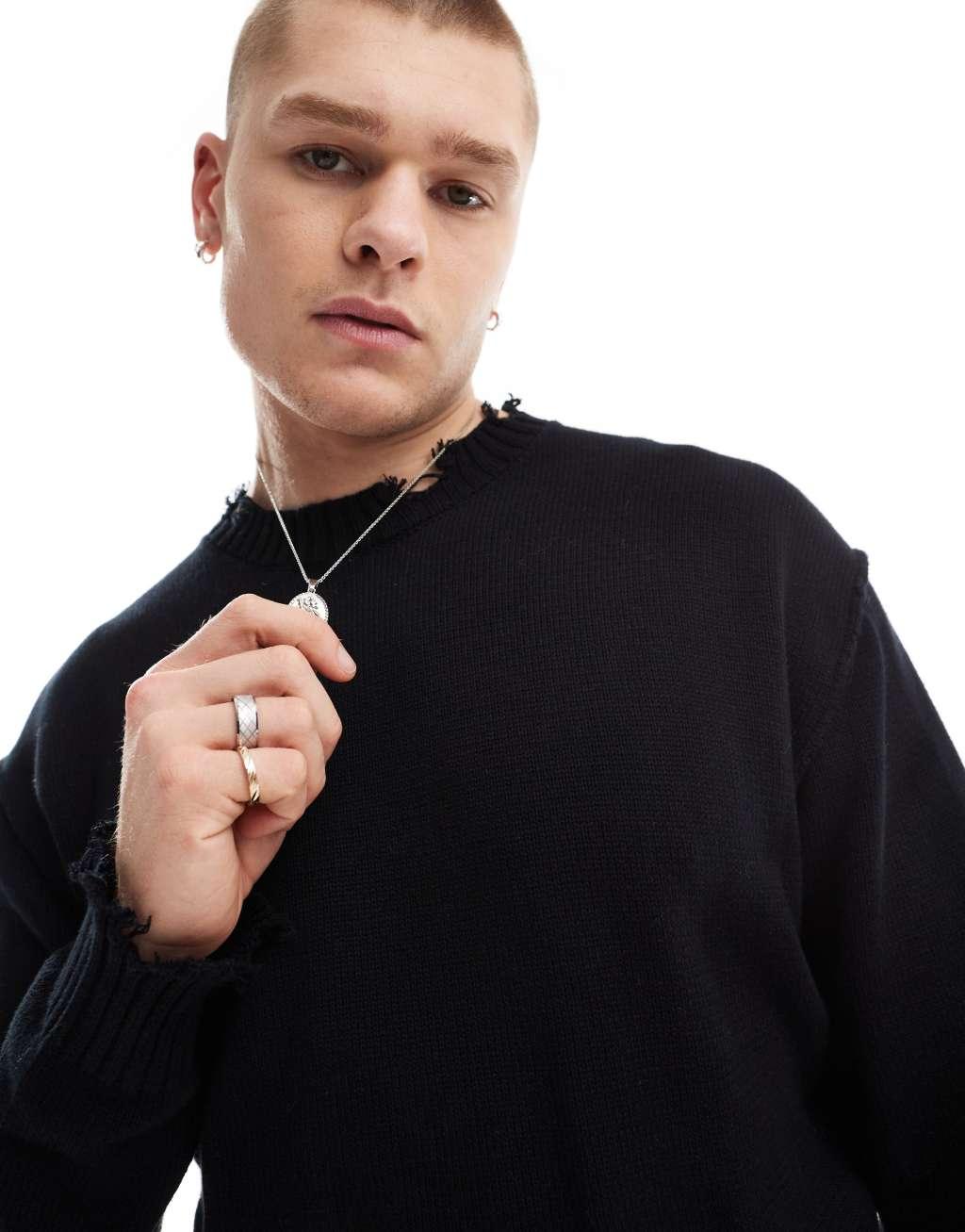 Bershka distressed knitted sweater in black Product Image