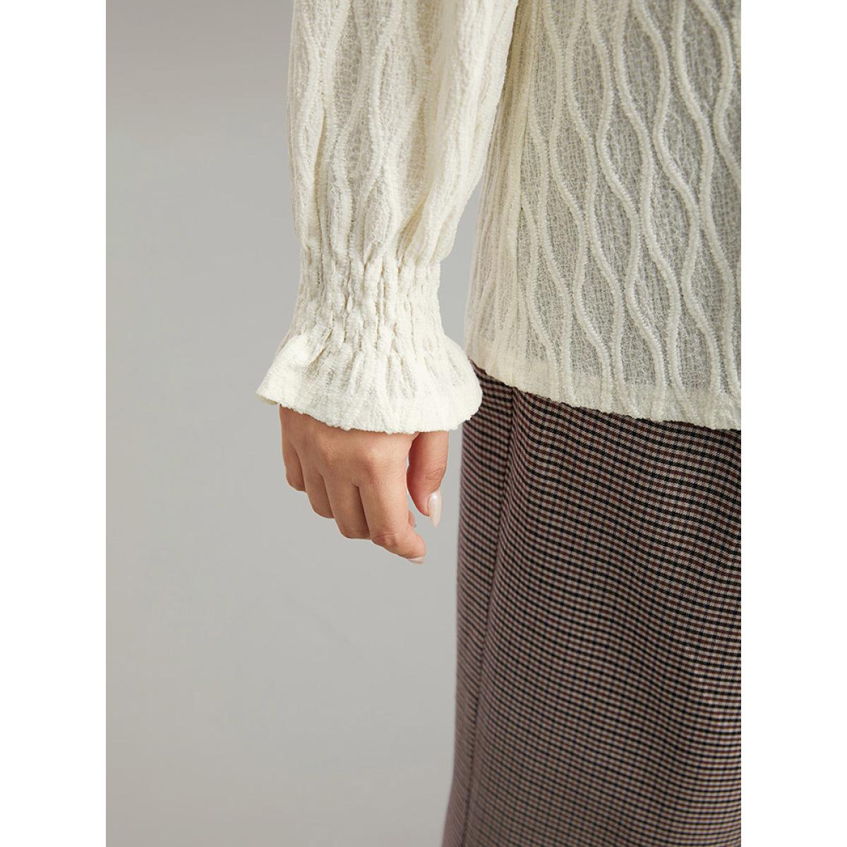 Plus Size Beige V Neck Solid Textured Shirred Blouse Women Office Long Sleeve V-neck Office Blouses BloomChic 30/6X Product Image