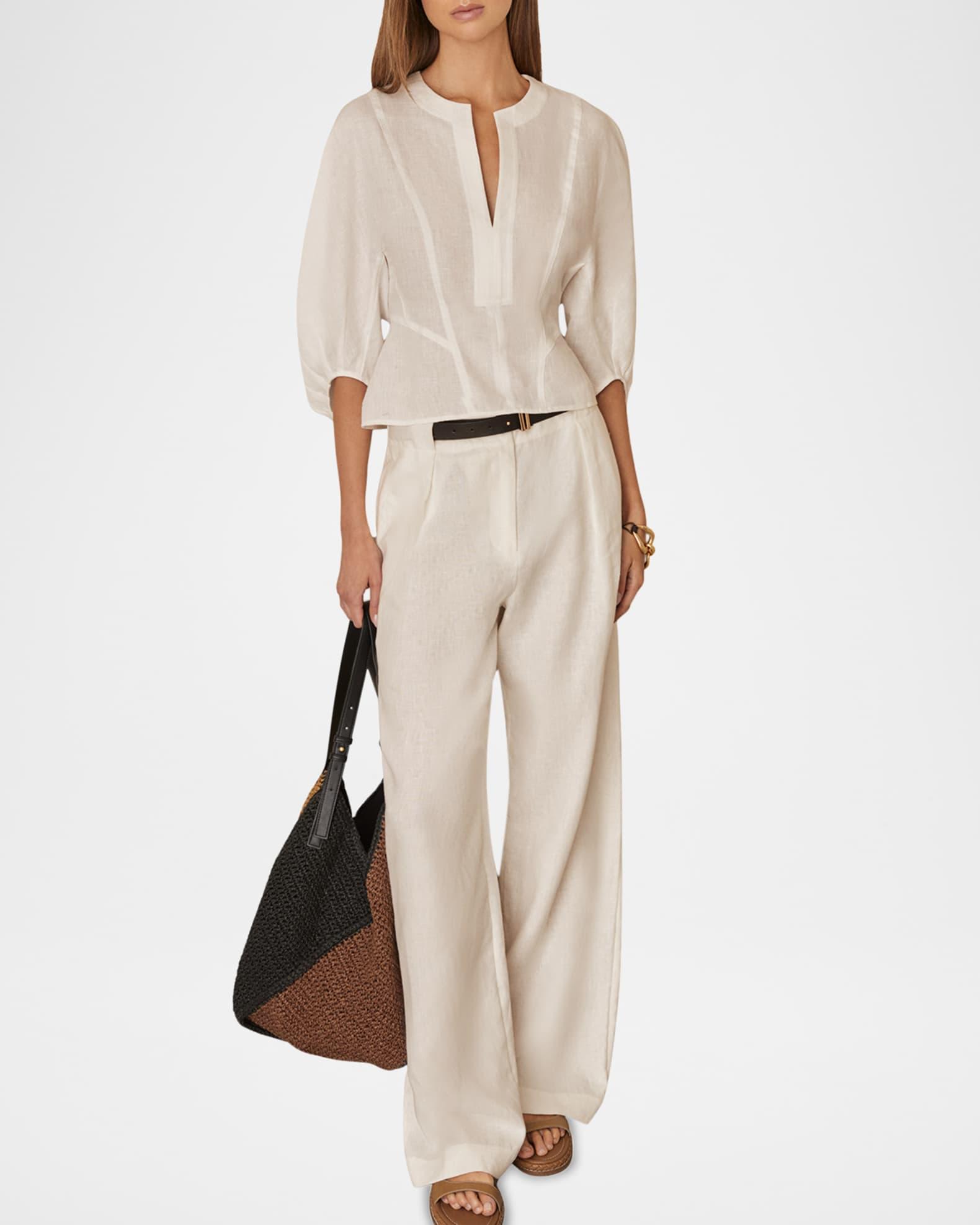 Remi Cropped Blouson-Sleeve Linen Blouse Product Image