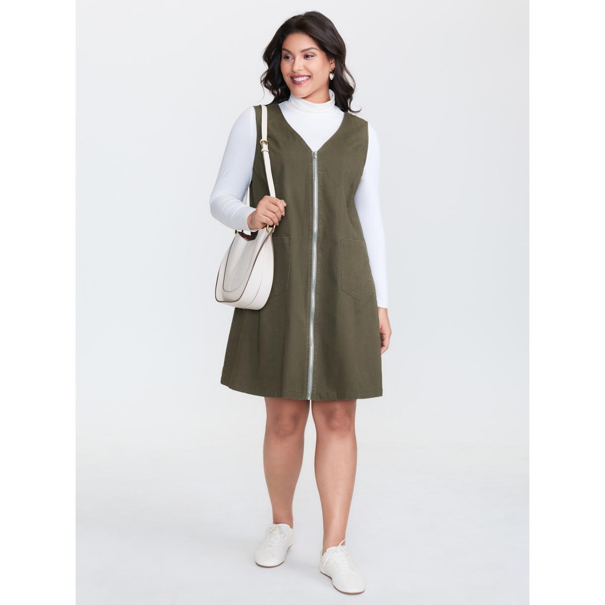 Plus Size Full-Zipper V-Neck Sleeveless Midi Dress ArmyGreen Women Leisure V-neck Sleeveless Curvy BloomChic 28/5X Product Image