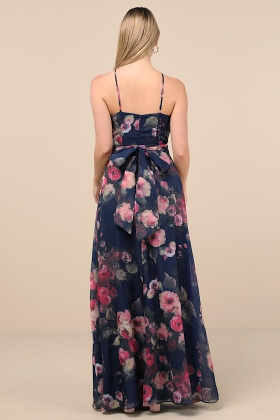 Farris Navy Floral Organza Halter Maxi Dress Product Image