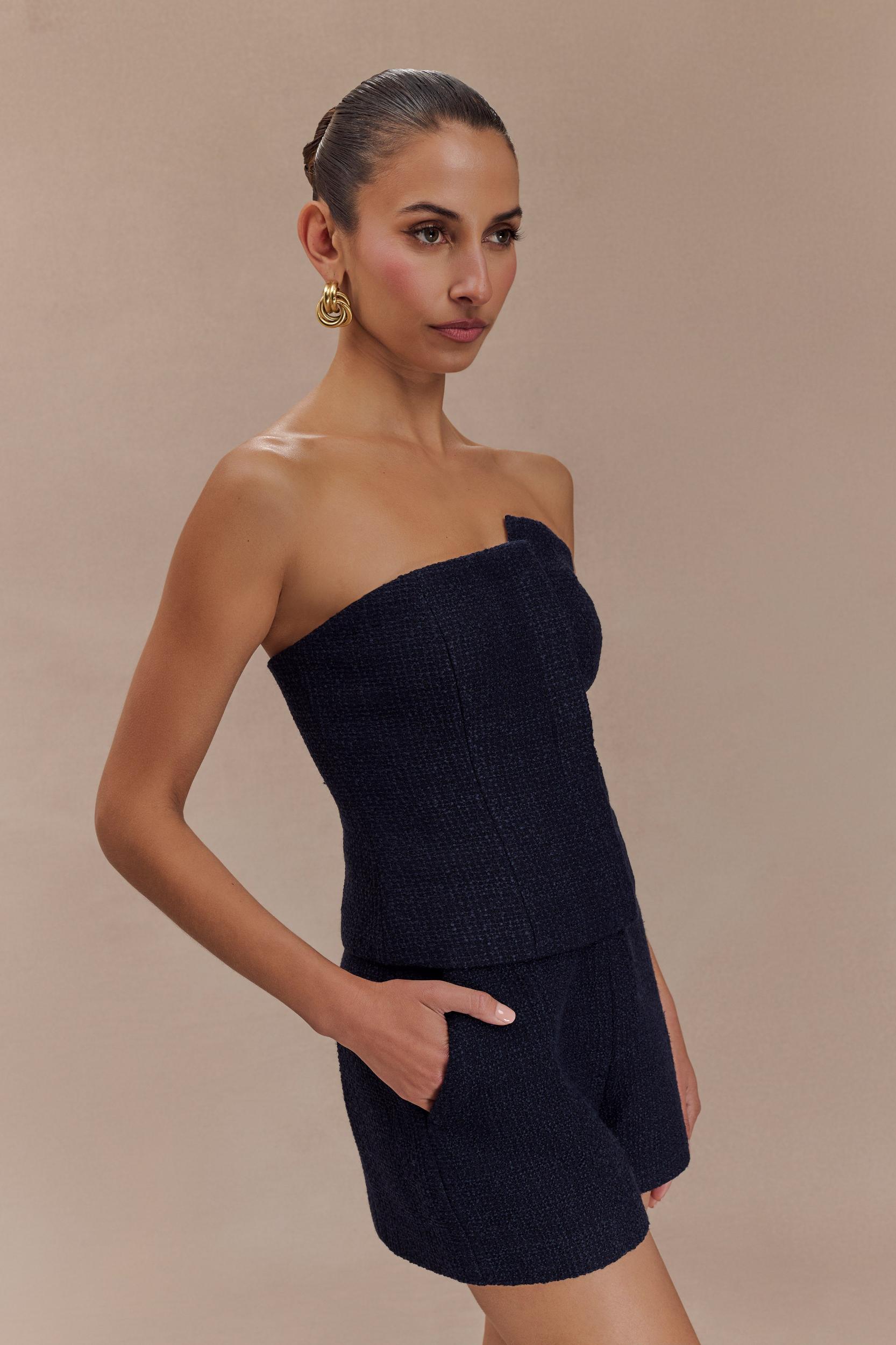 Parker Boucle Strapless Asymmetric Top - Midnight Blue Product Image