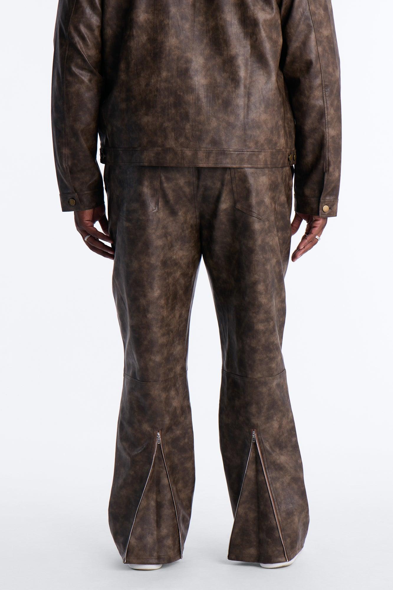 Straight Flared Stone Grained Faux Leather Zip Pant - Brown Male Product Image