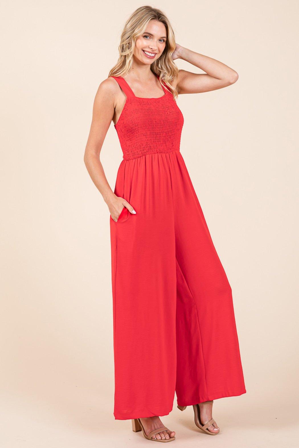 Smocked Strap Wide Leg Pleated Jumpsuit Product Image