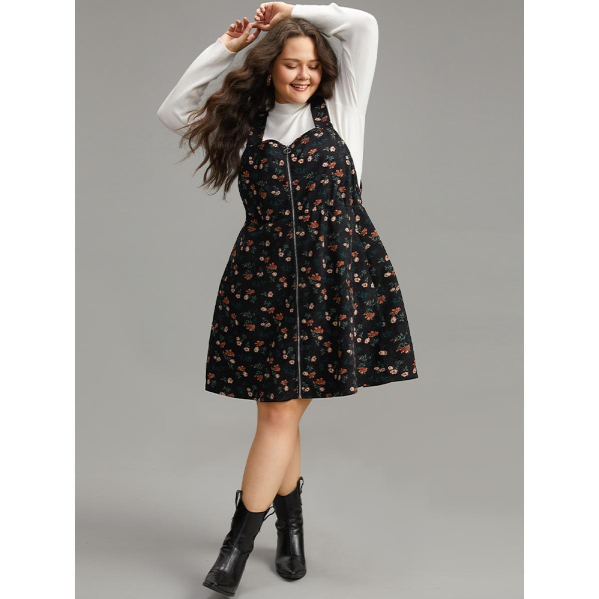Plus Size Ditsy Floral Corduroy Pocket Zipper Fly Cami Dress Black Women Casual Printed Square Neck Sleeveless Curvy Knee Dress BloomChic 18-20/2X Product Image