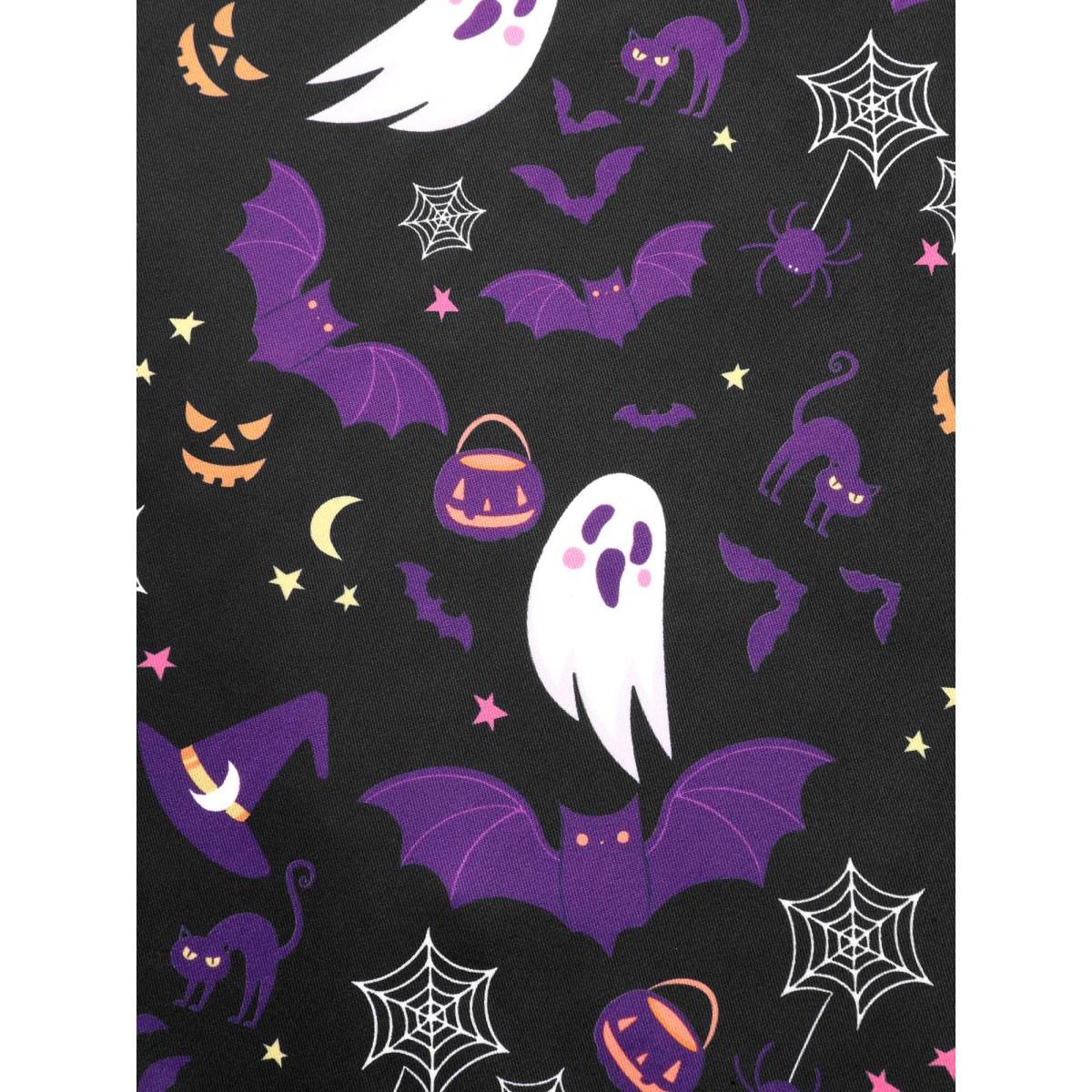 Plus Size Spooky Ghost Printed A-Line Mini Skirt Women Black Cocktail Contrast No stretch Slanted pocket Party Skirts BloomChic 12/L Product Image