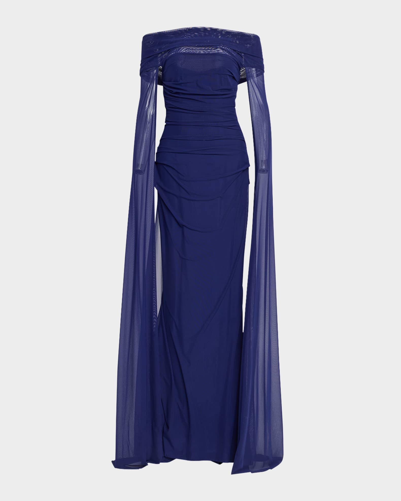 Off-The-Shoulder Ruched Mesh Cape Gown Product Image