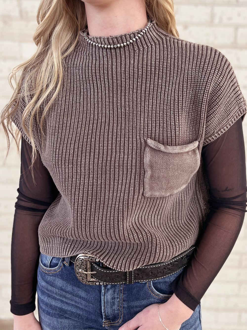 Washed Mock Neck Cropped Sweater Vest Top - Multiple Colors Available Product Image