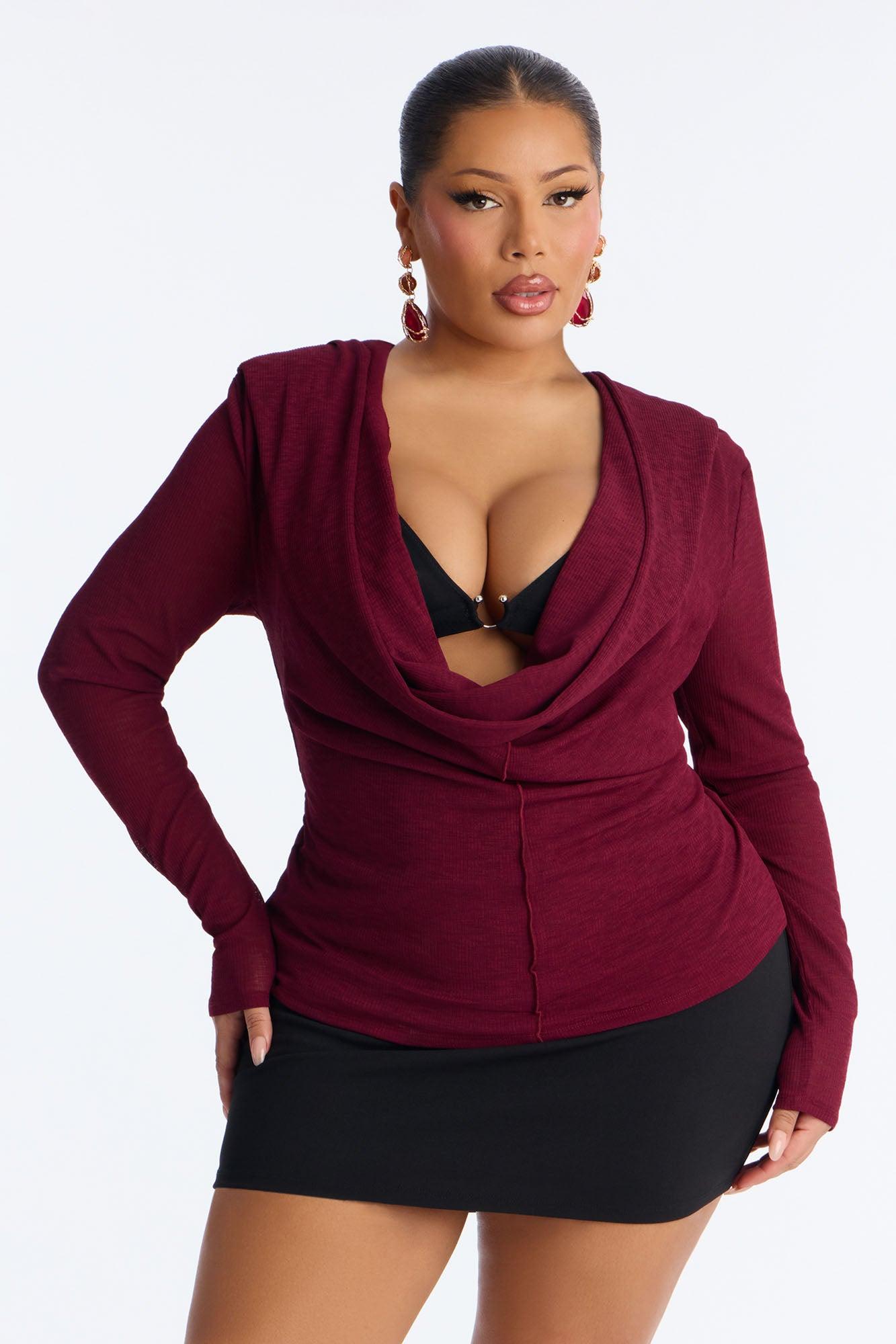 Aisha Cowl Neck Hooded Long Sleeve Top - Burgundy Female Product Image