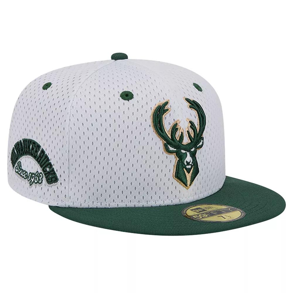 Men's New Era White/Hunter Green Milwaukee Bucks Throwback 2Tone 59FIFTY Fitted Hat, Size: 7 Product Image