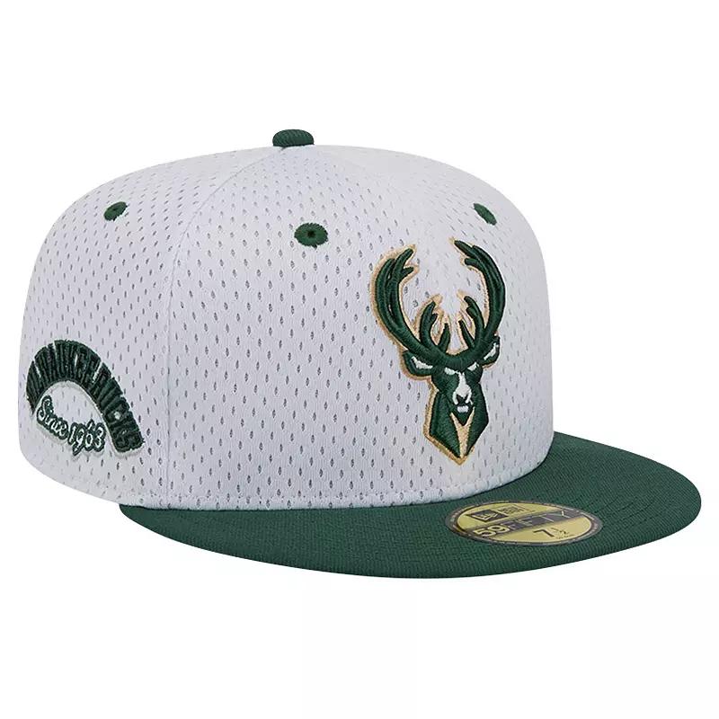 Men's New Era White/Hunter Green Milwaukee Bucks Throwback 2Tone 59FIFTY Fitted Hat, Size: 7 Product Image