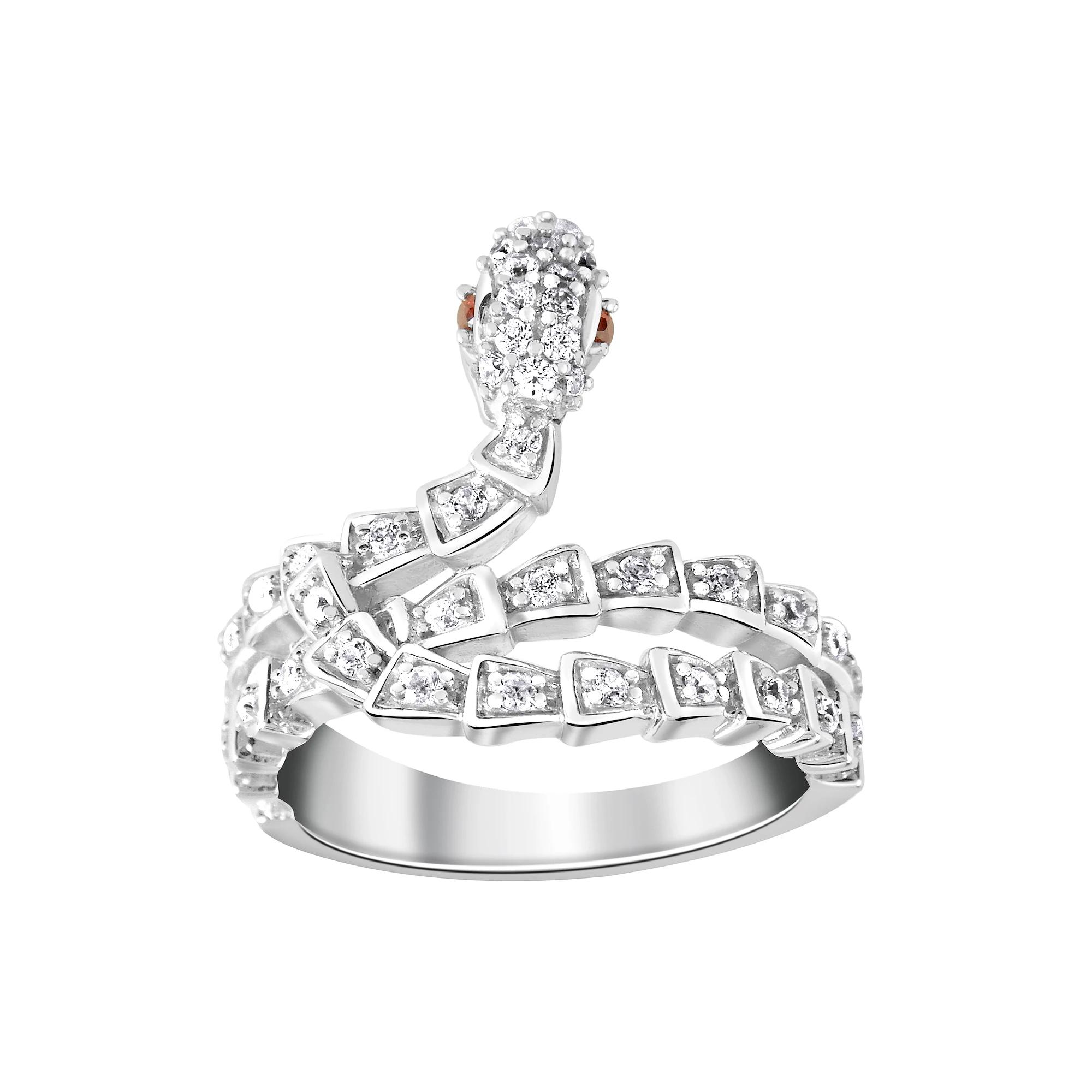 SIRI Sterling Silver Rhodium-Plated White Cubic Zirconia and Garnet Wrap Serpent Ring with Intricate Detailing, Women's, Size: 6 Product Image