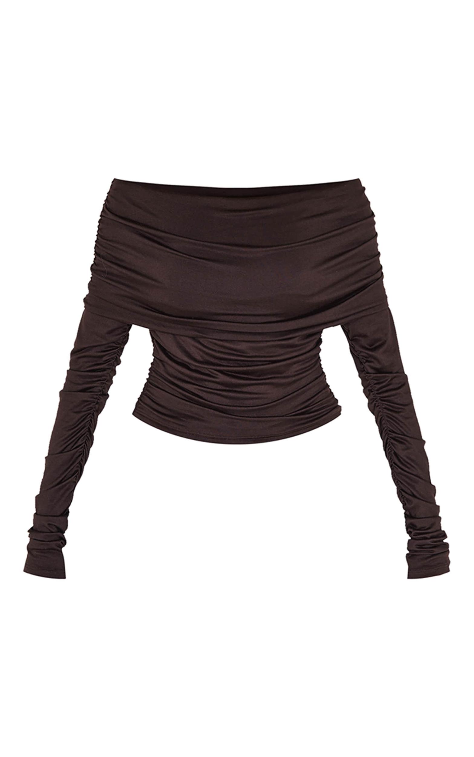 Chocolate Contour Jersey Extreme Fold Over Ruched Detail Long Sleeve Top Product Image