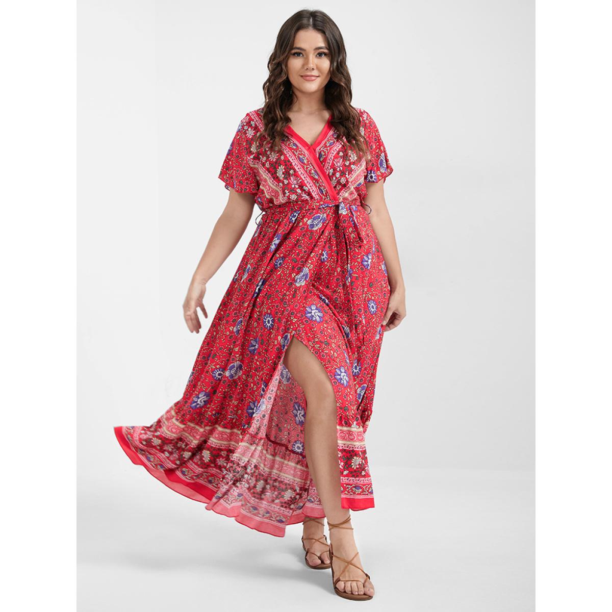 Boho Elegant Flutter Plus Size Women Midi Dress Vacation Bohemian Print Ties Bodycon Ruffle Sleeve Short Sleeve V Neck Belt Dailywear Long Dress BloomChic Product Image