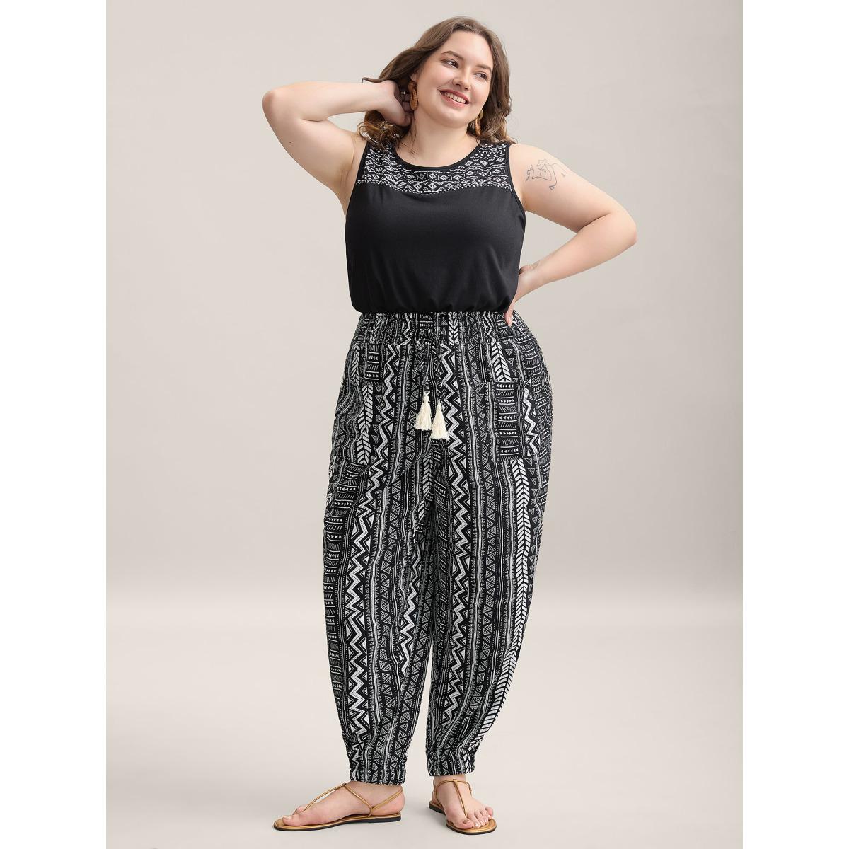 Plus Size Boho Stripes Tassels Jogger Pants Women Black Resort Mid Rise Vacation Pants BloomChic 26/4X Product Image