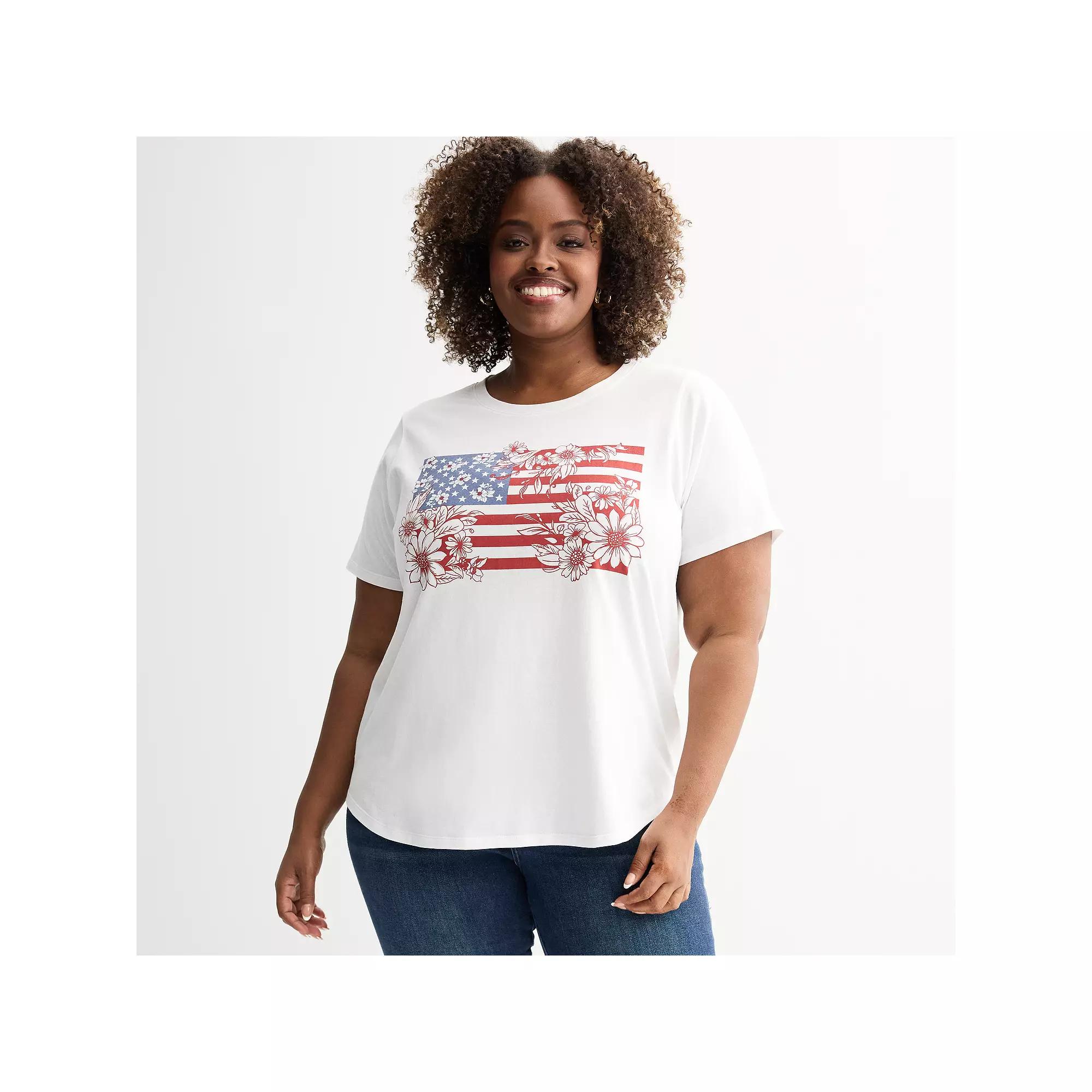 Plus Size Floral American Flag Graphic Tee, Women's, Size: 3XL, White Product Image
