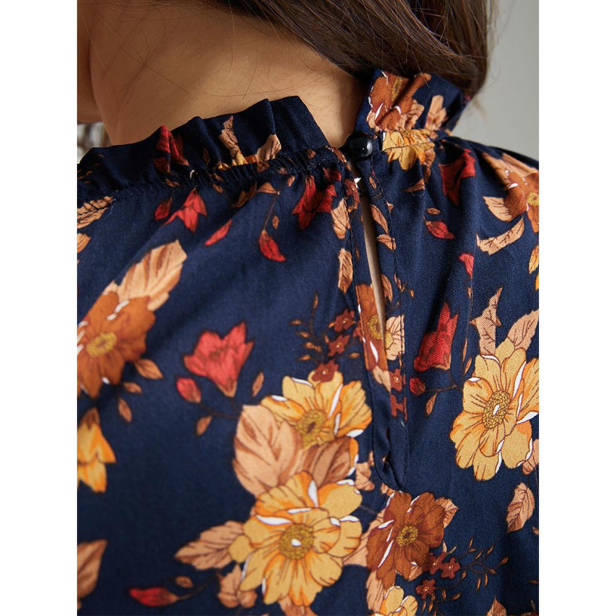 Plus Size Supersoft Essentials Floral Print Mock Neck Dress DarkBlue Women Elegant Printed Mock Neck Long Sleeve Curvy Midi Dress BloomChic 30/6X Product Image