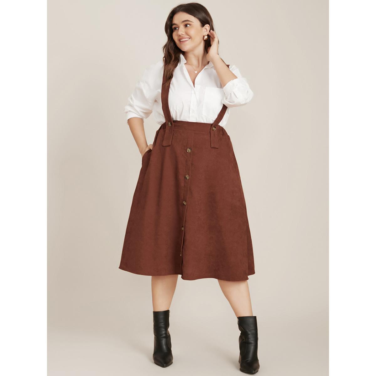 Plus Size Solid Button Detail Pocket Corduroy Suspender Skirt Women Brown Elegant Plain Loose No stretch Pocket Dailywear Skirts BloomChic 10/M Product Image