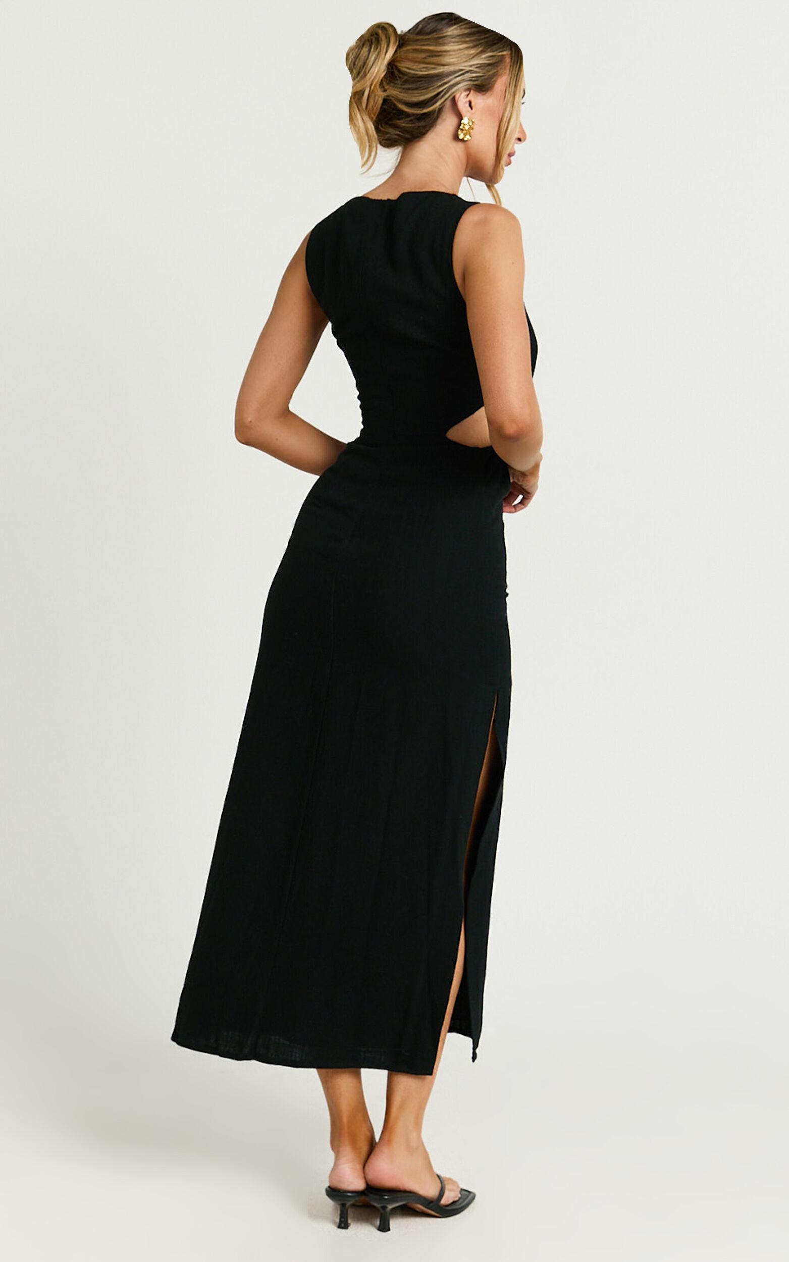 Brodie Midi Dress - Side Cut Out Linen Blend Dress in Black Product Image