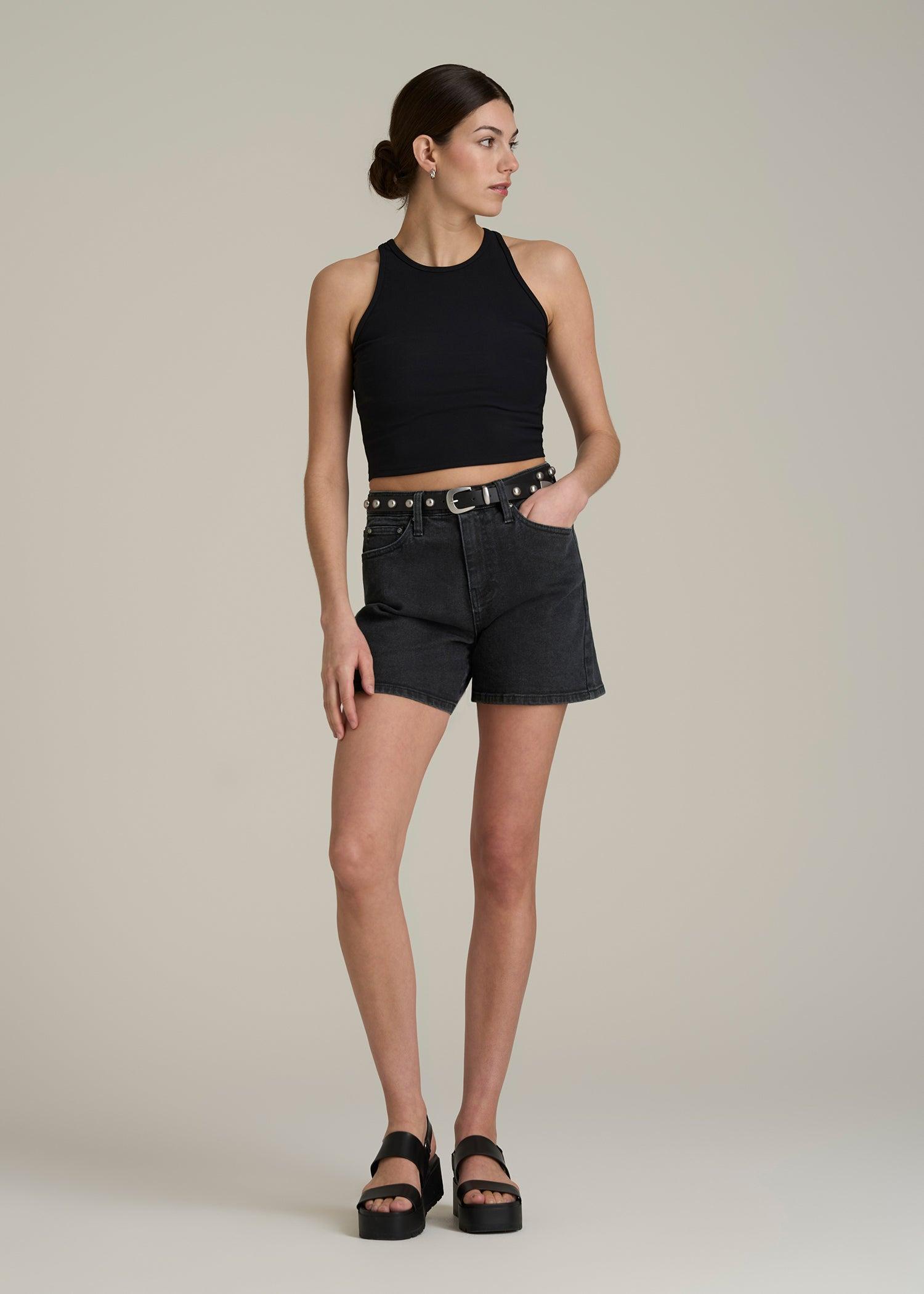 High Rise Denim Shorts for Tall Women in Onyx Black Wash Female Product Image