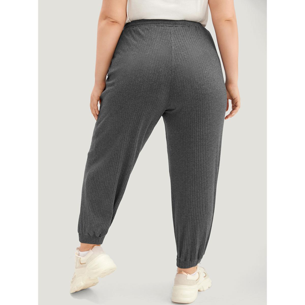 Rib Knit Elastic Waist Drawstring Sweatpants DimGray Plus Size Women Casual Dailywear Texture 26/4X Bloomchic Product Image
