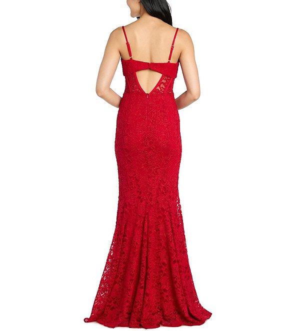 Morgan & Co. Glitter Lace Sweetheart Neck Illusion Corset Keyhole Back Dress Product Image