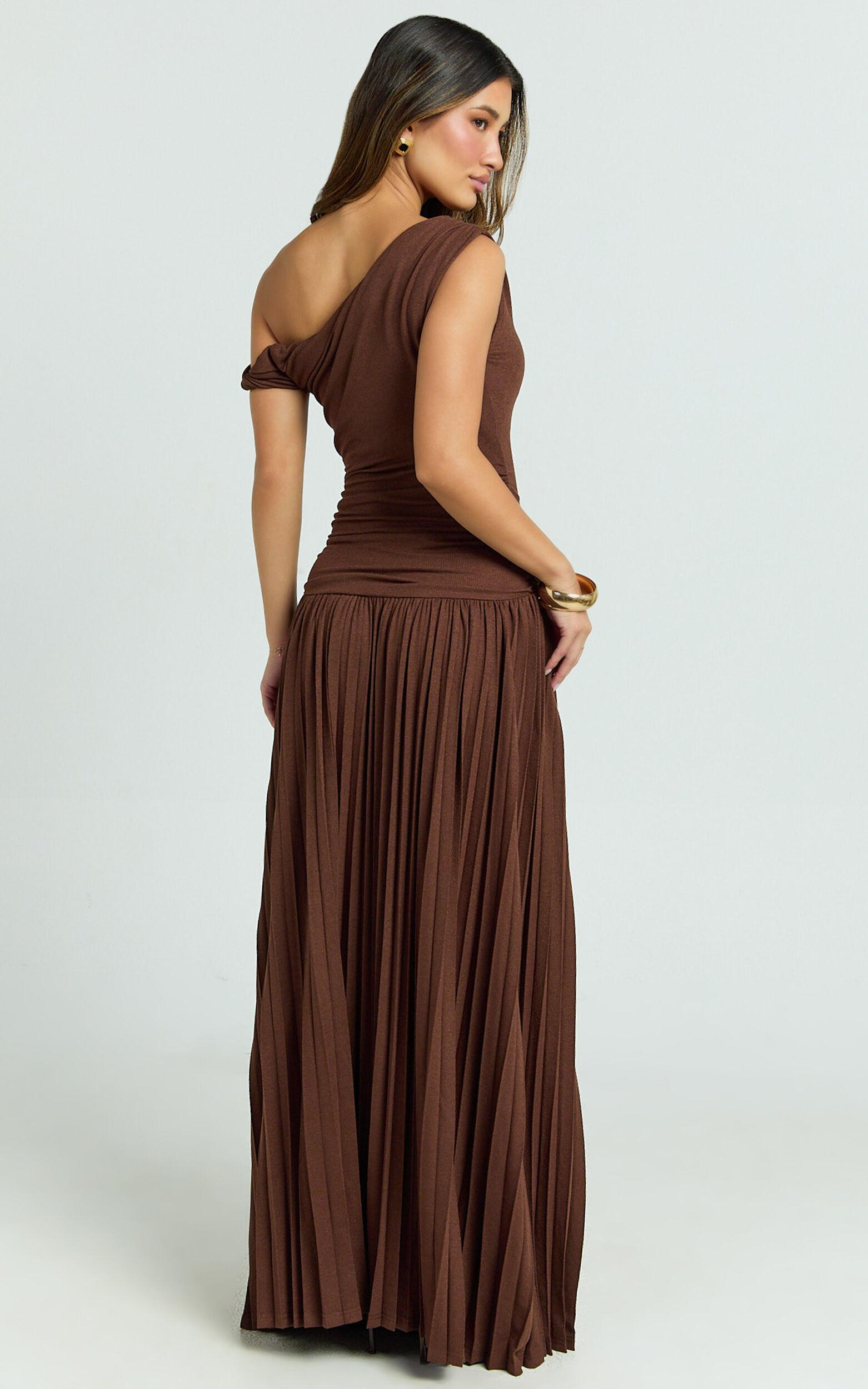 Yvonne Maxi Dress - Jersey Tip Shoulder Ruched Dress in Chocolate Product Image