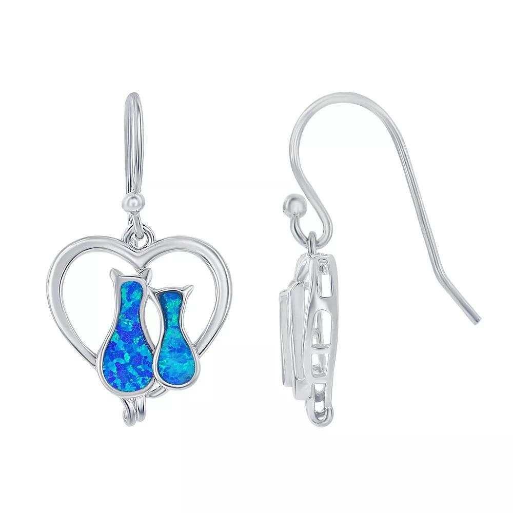 Sterling Silver Lab-Created Blue Opal Cats In Heart Earrings, Women's Product Image