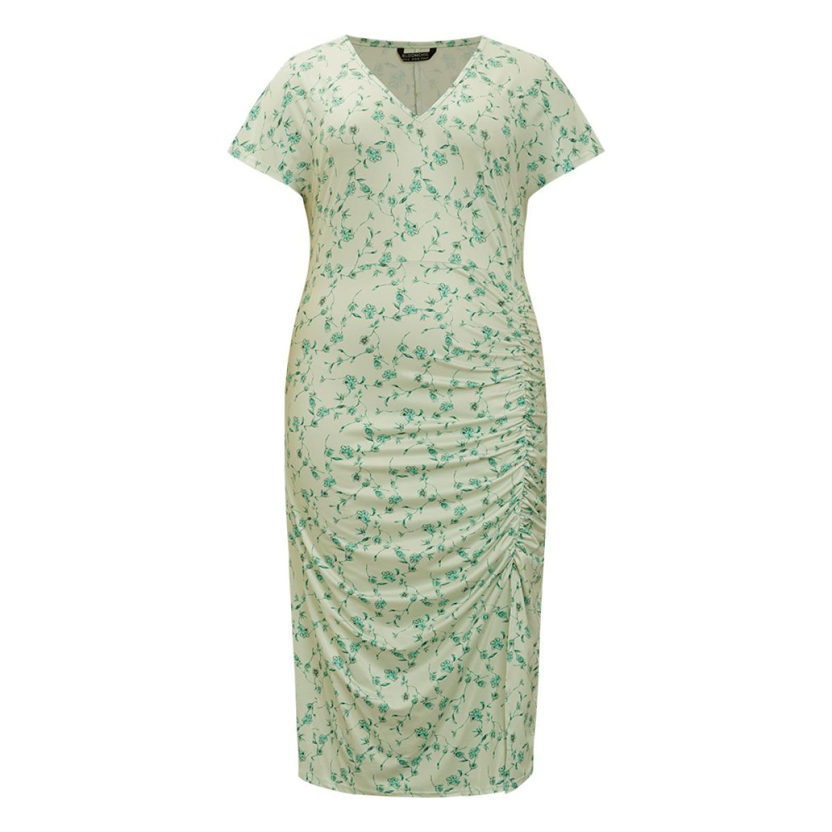 Plus Size Floral Printed Split Hem Cap Sleeve Ruched Dress Mint Women Glamour Slit V-neck Cap Sleeve Curvy Midi Dress BloomChic 26/4X Product Image