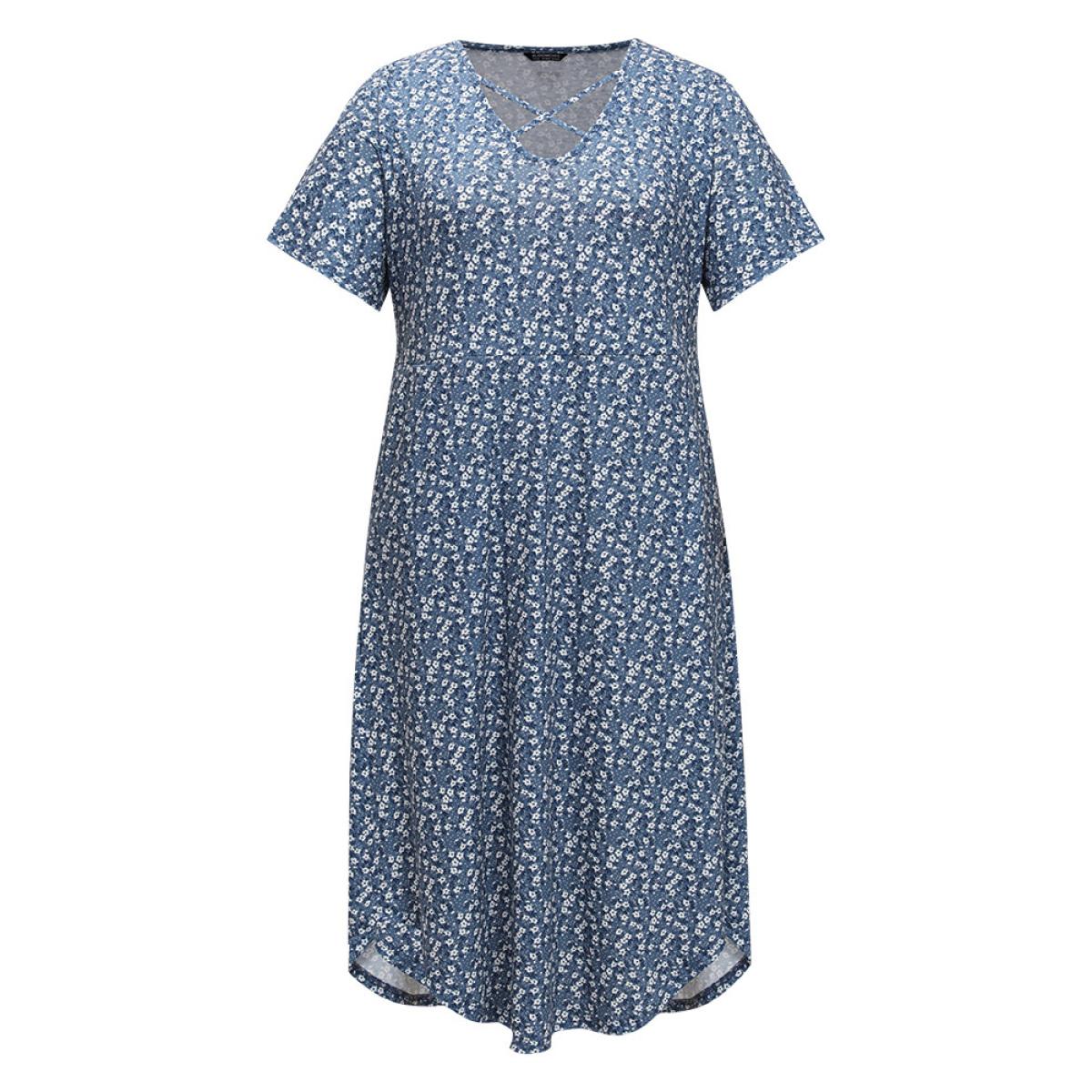 Plus Size Ditsy Floral Pocket Curved Hem Knotted Dress Stone Women Casual Arc Hem V-neck Short sleeve Curvy Midi Dress BloomChic 22-24/3X Product Image