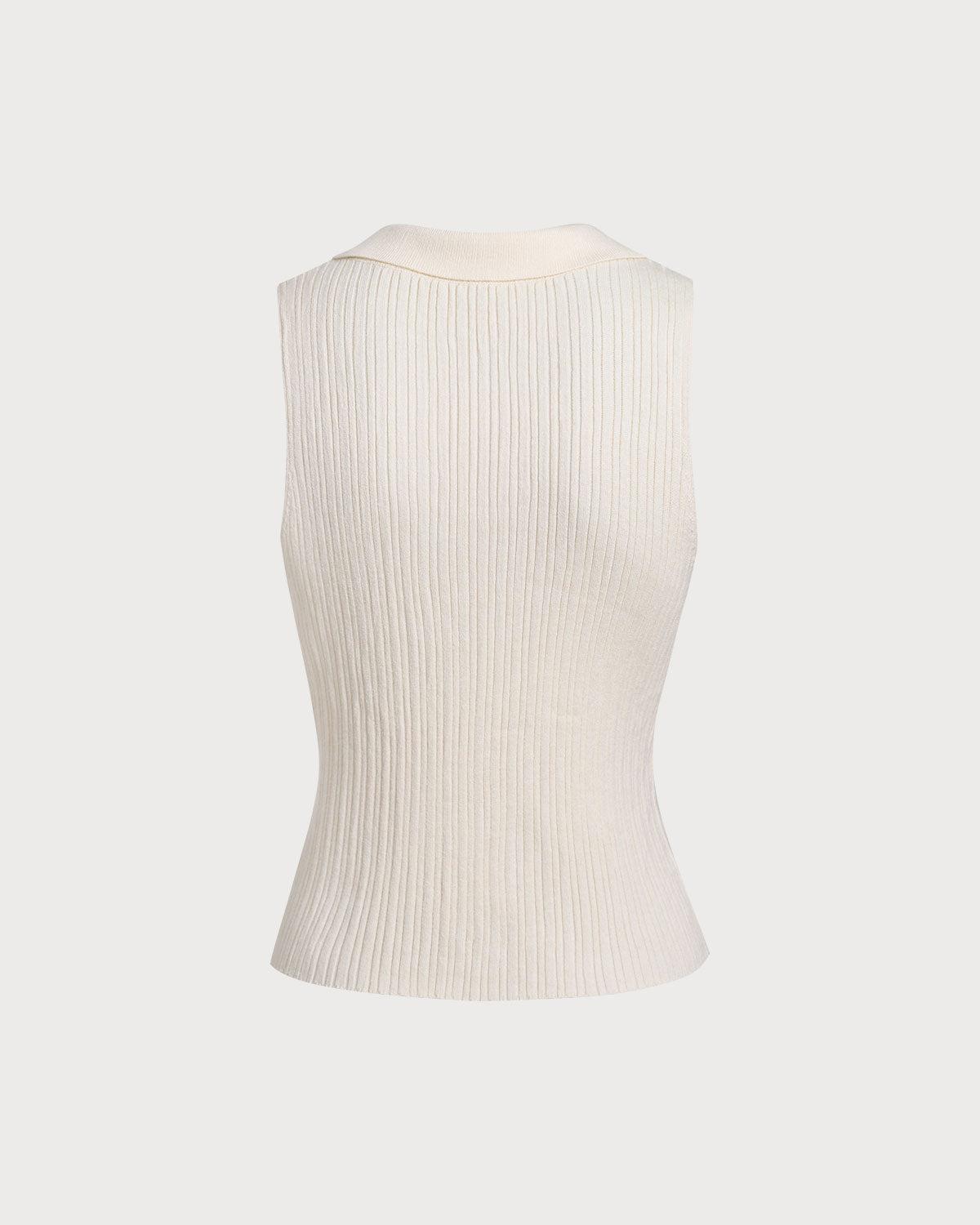 Beige V Neck Knit Tank Top Product Image