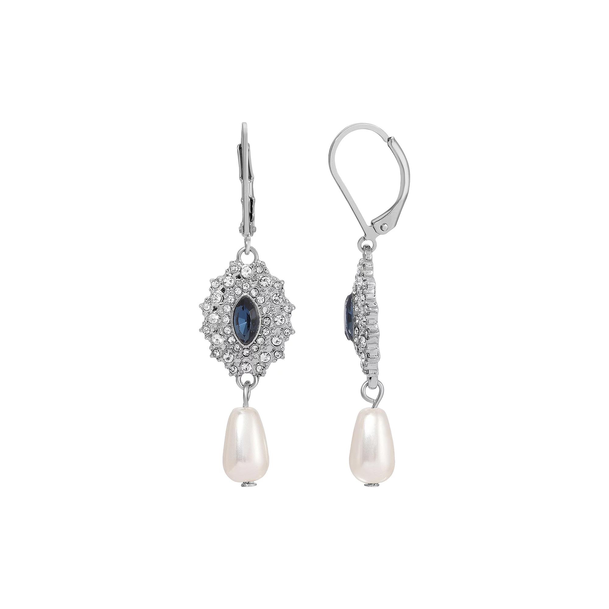 1928 Silver Tone Crystal & Simulated Pearl Starburst Drop Earrings, Women's, Blue Product Image