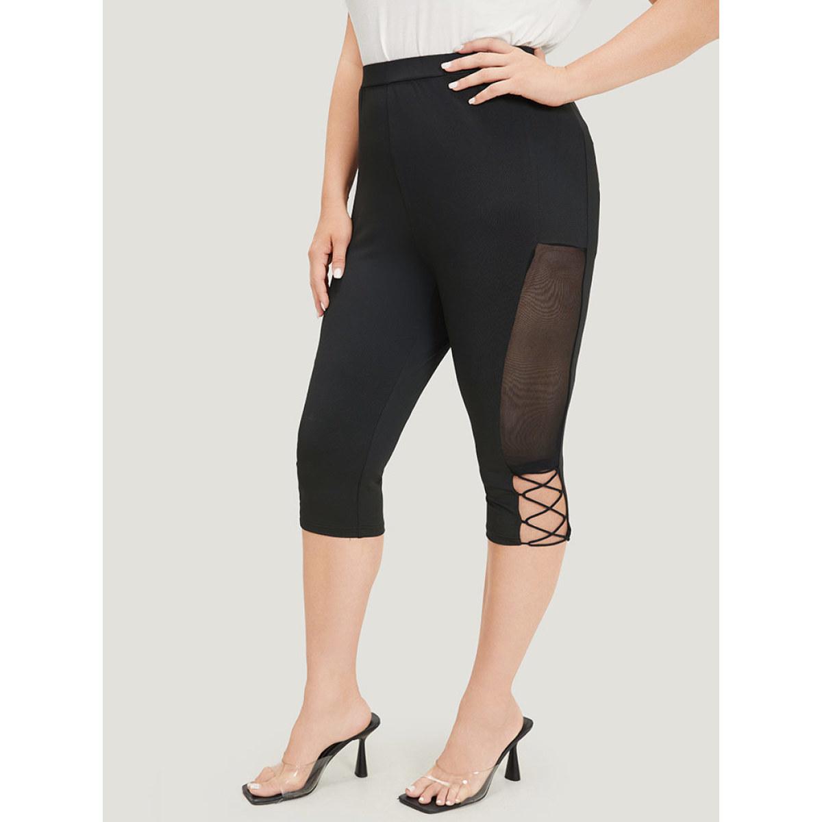 Plus Size Plain Crisscross Mesh Patchwork Cropped Leggings Women Black Elegant High stretch Skinny High Rise Dailywear Leggings BloomChic 12/L Product Image
