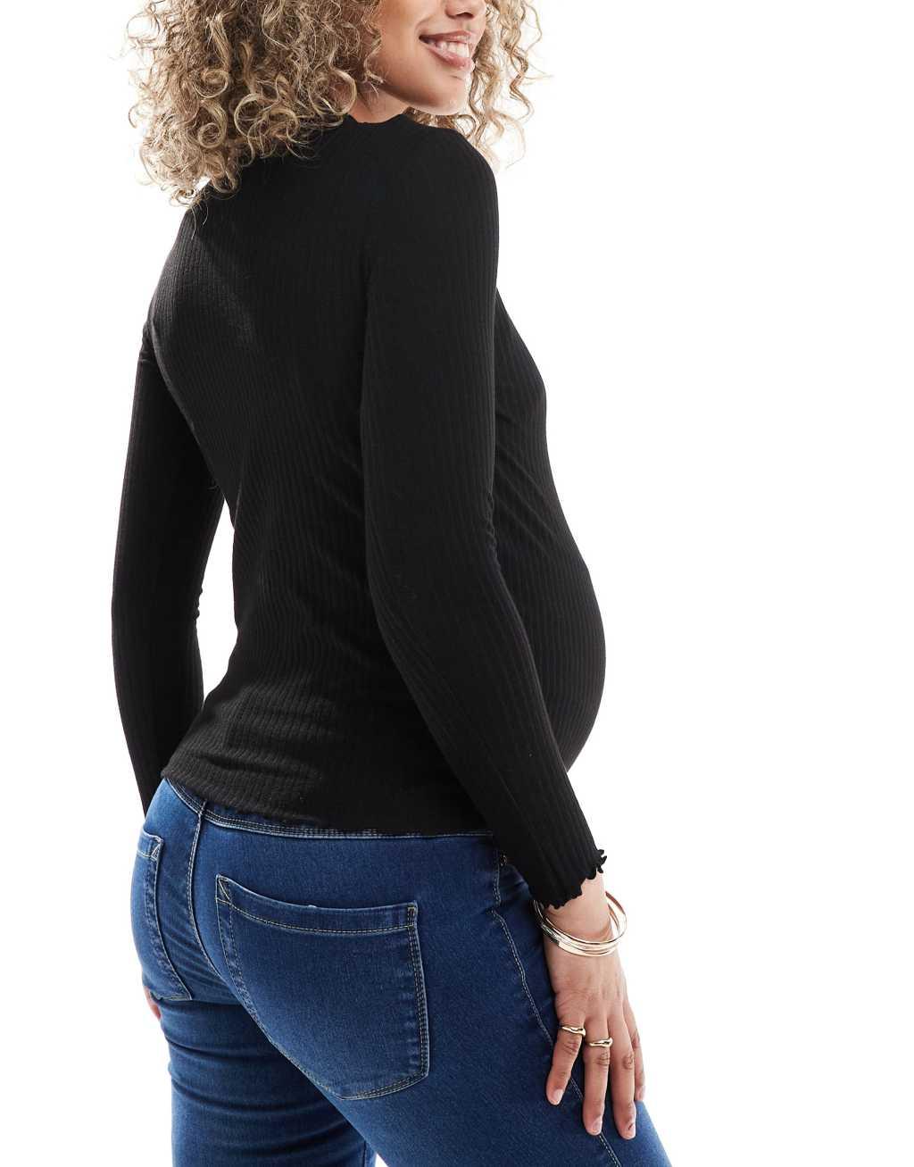 ONLY Maternity high neck lettuce edge top in black  Product Image