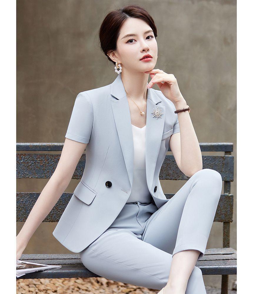 Short-Sleeve Notch Lapel Plain Double Breasted Blazer / High Rise Plain Mini Pencil Skirt / High Rise Cropped Tapered Suit Pants Product Image