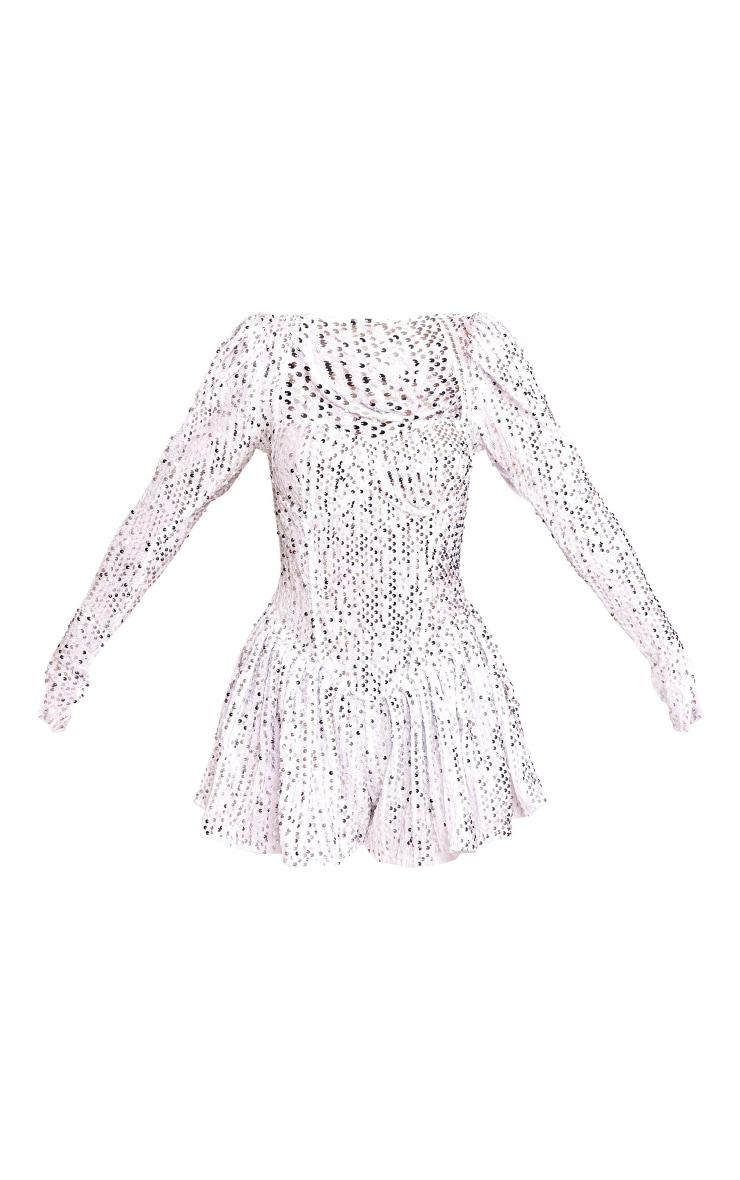 White Sequin Cup Detail Long Sleeve Skater Romper Product Image