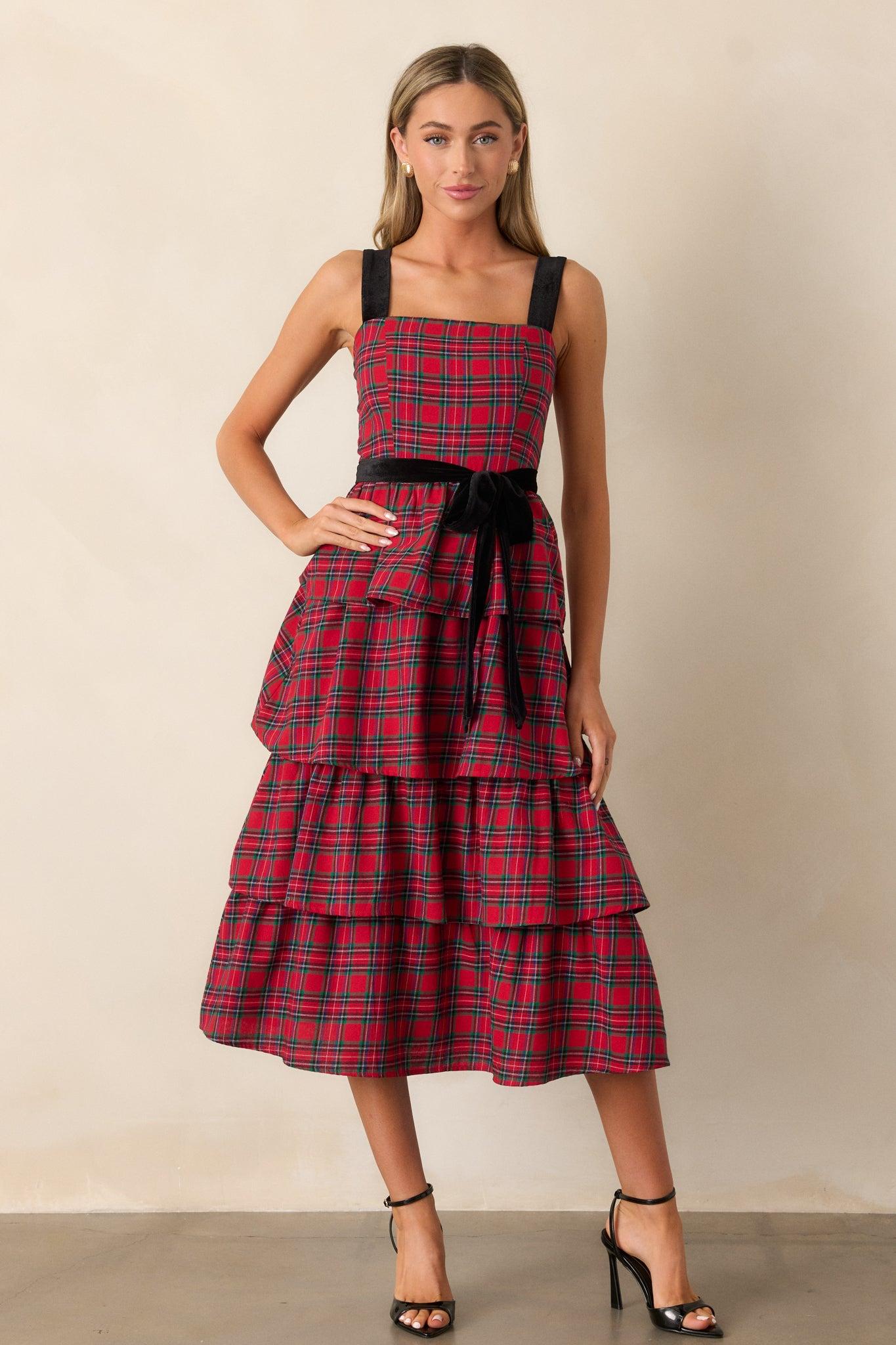 Elegance Defined Cotton Red Plaid Tiered Midi Dress Product Image