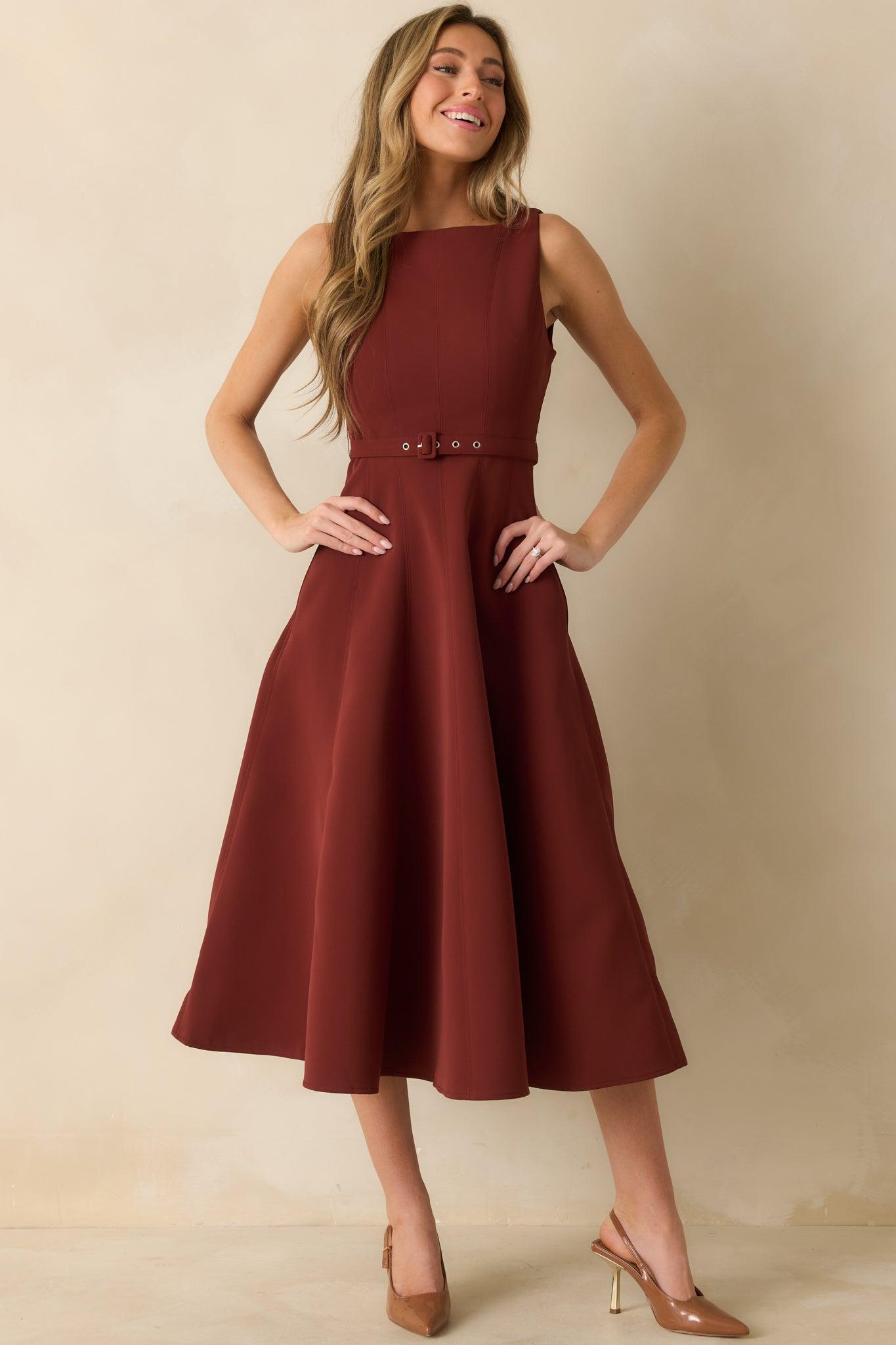 Timely Matter Dark Rust Red Belted Sleeveless Midi Dress L / Dark Rust Product Image