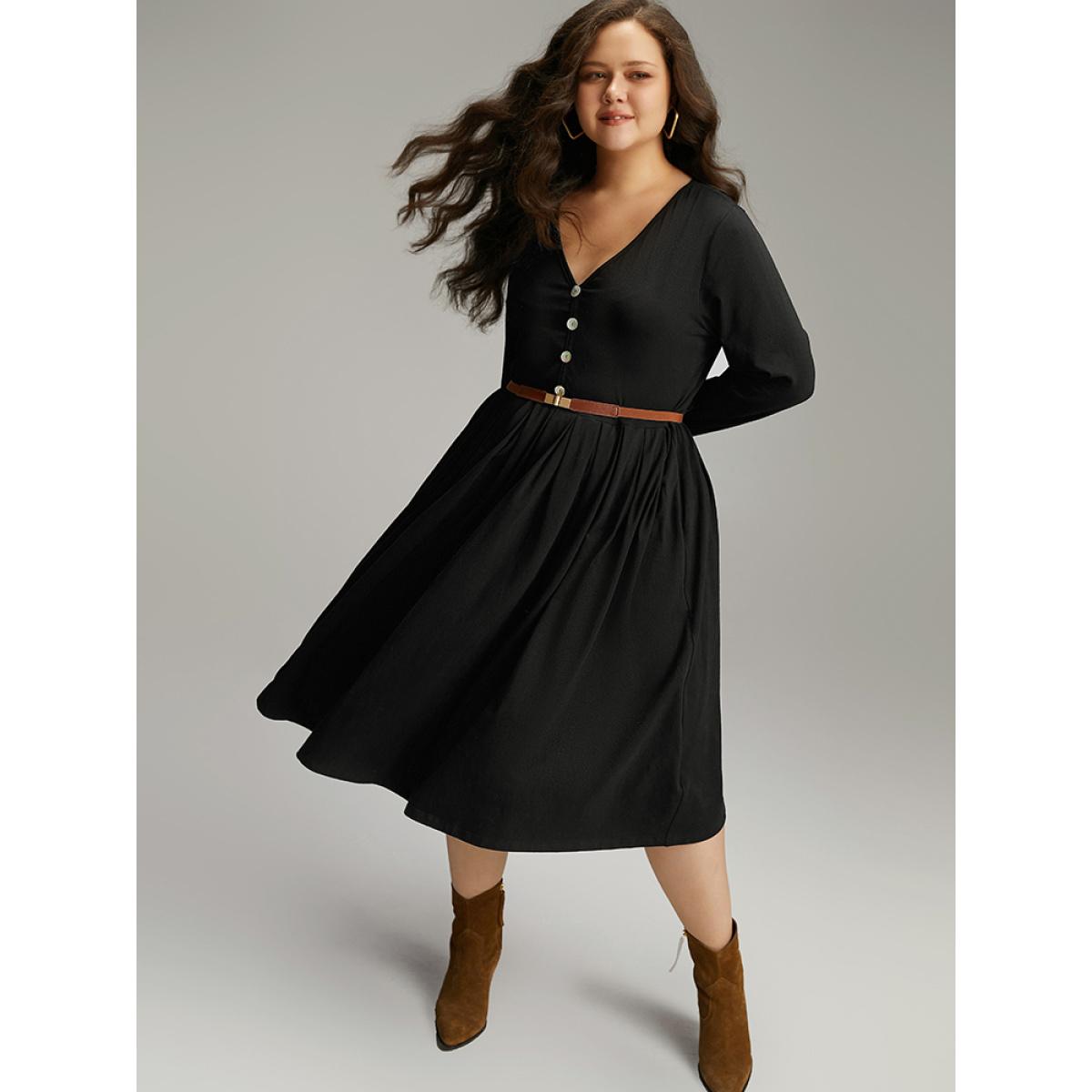 Plus Size Cotton Solid Button Detail Pocket Pleated Dress Black Women Casual Plain V-neck Long Sleeve Curvy Midi Dress BloomChic 22-24/3X Product Image