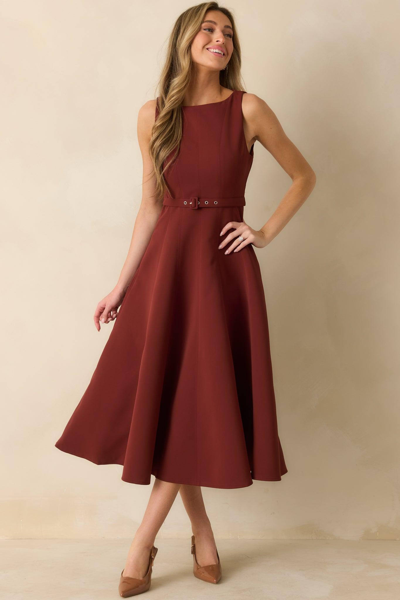 Timely Matter Dark Rust Red Belted Sleeveless Midi Dress L / Dark Rust Product Image