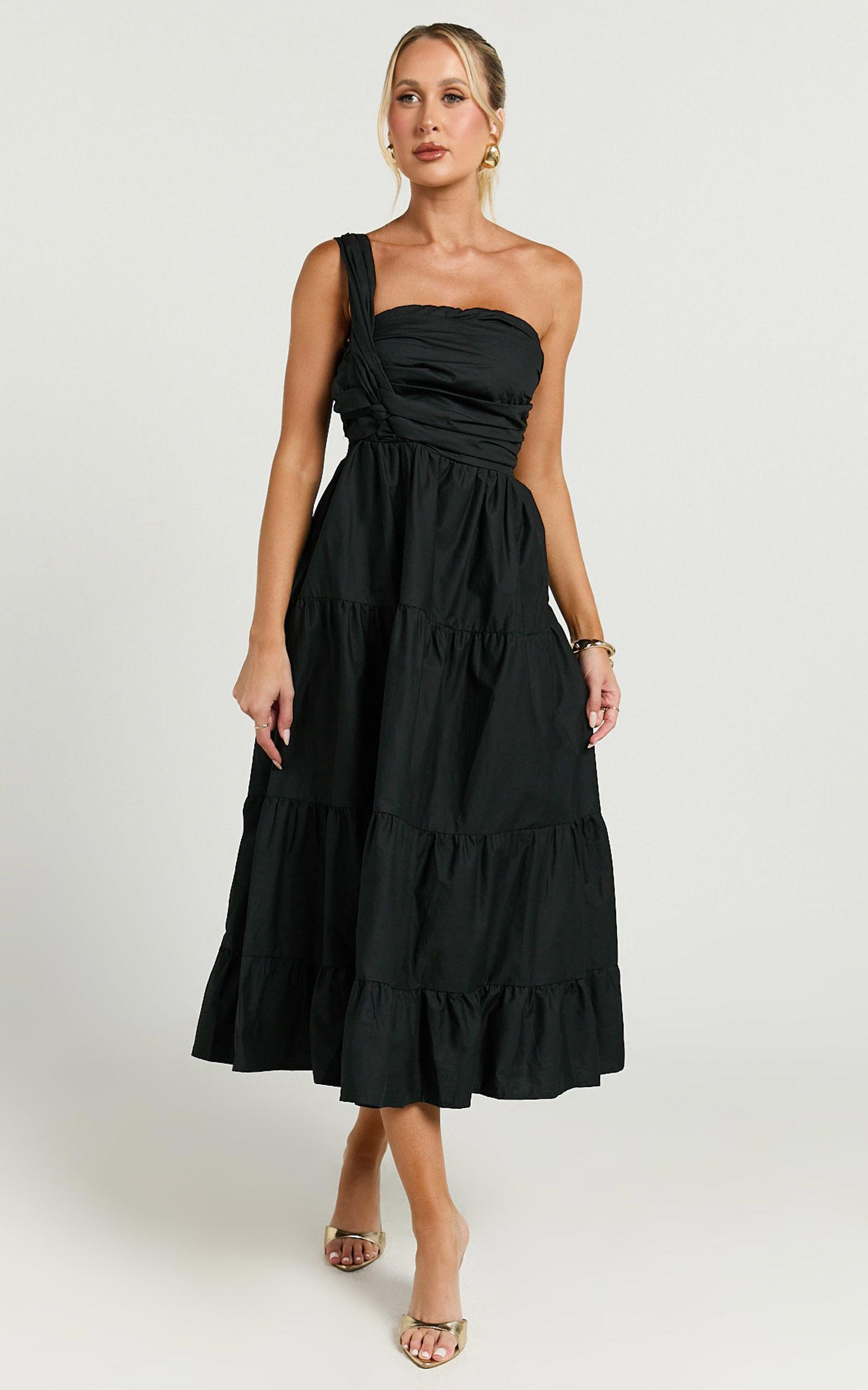 Stephanie Midi Dress - One Shoulder Tiered Midi Dress in Black Product Image