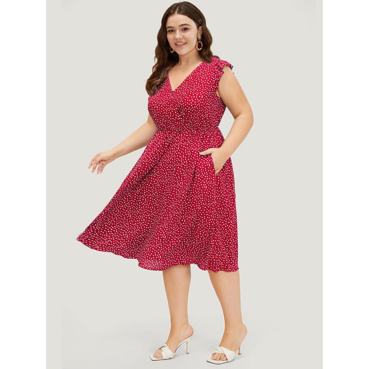 Plus Size Leopard Wrap Ruffle Trim Pocket Cap Sleeve Dress Cyan Women Elegant Wrap V-neck Cap Sleeve Curvy Midi Dress BloomChic 14-16/1X Product Image
