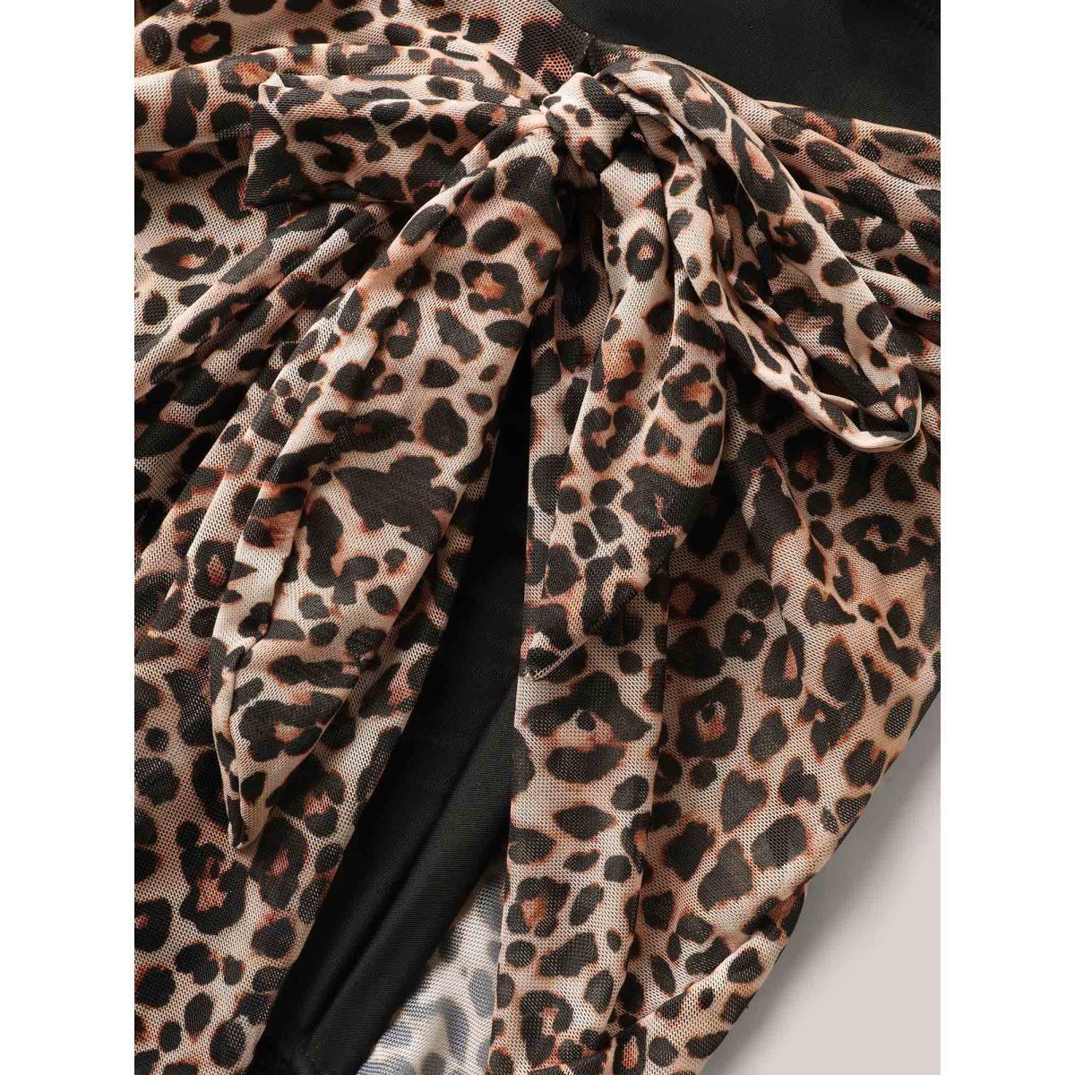 Plus Size Leopard Print Knotted Surplice Swim Dress Women's Swimwear Black Beach Bodycon Overlap Collar High stretch Curve Swim Dresses BloomChic 14-16/1X Product Image