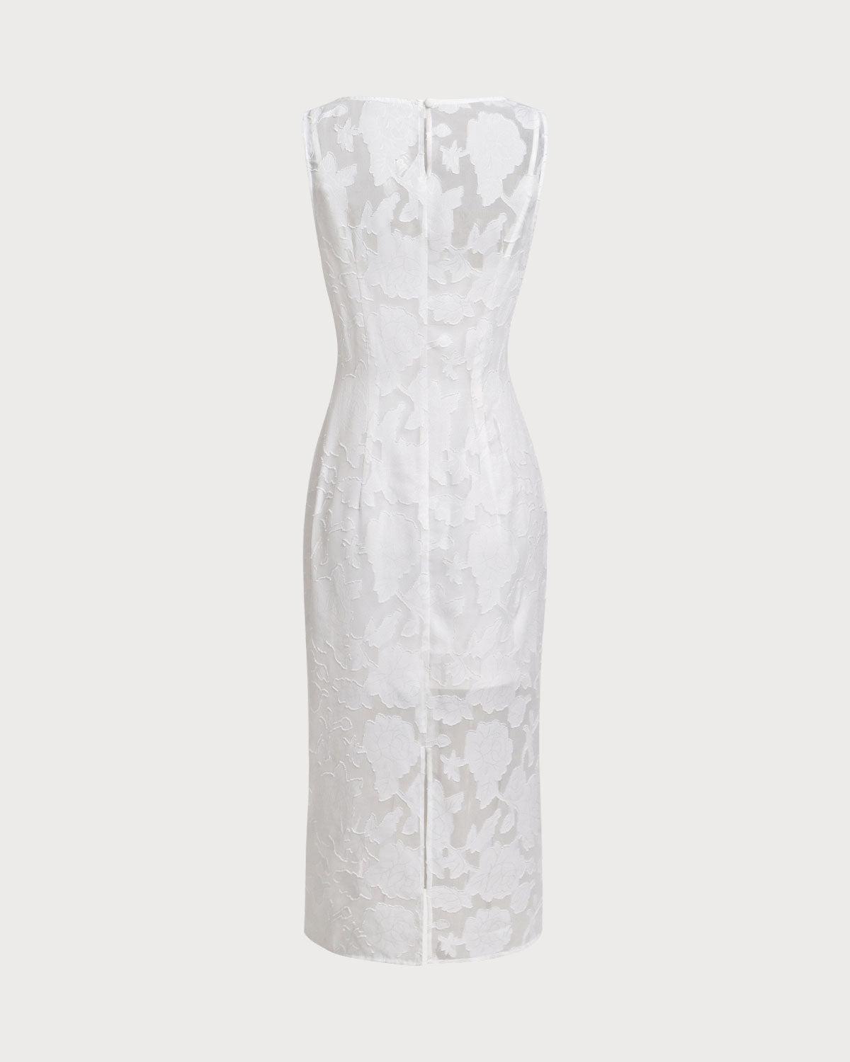 White Lace Boat Neck Midi Dress Product Image
